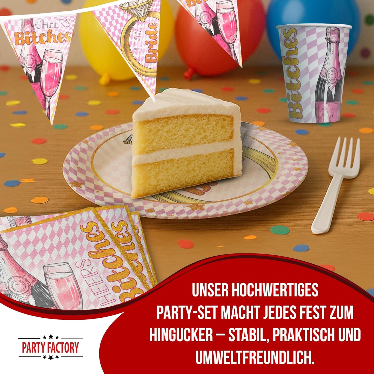 Bachelorette Bling Bling – 4-teiliges JGA Party-Set mit Tellern, Bechern, Servietten & Wimpelkette 3