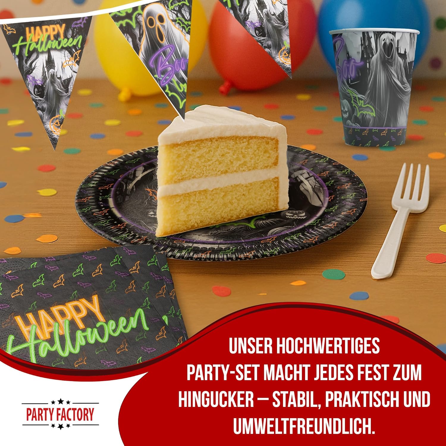 Halloween Neon Geisterparty – 4-teiliges Set mit Tellern, Bechern, Servietten und Wimpelkette 3