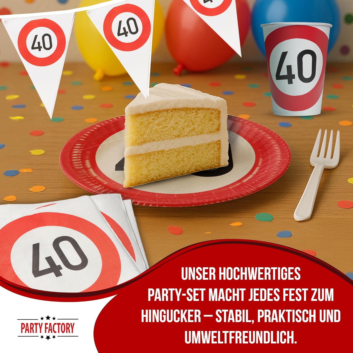 Happy Birthday 40 – 4-teiliges Partyset mit Tellern, Bechern, Servietten und Wimpelkette 3