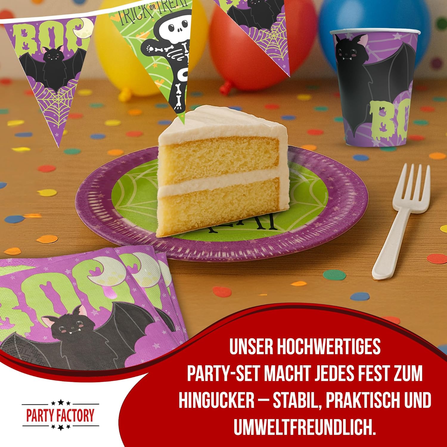 Halloween Skelett Partyset – 4-teiliges Set mit Tellern, Bechern, Servietten & Wimpelkette im Fledermaus-Design 3