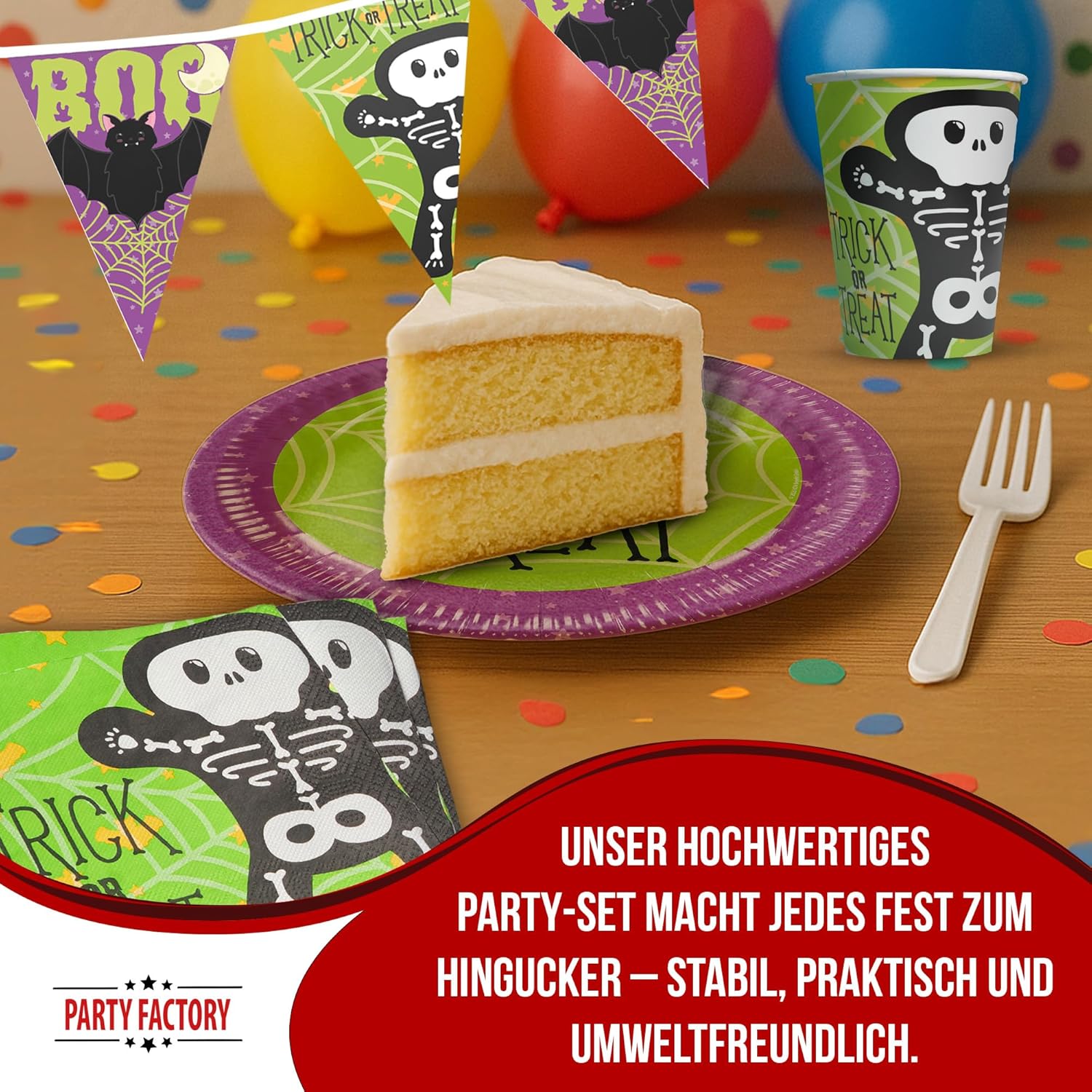 Halloween Skelett Partyset – 4-teiliges Set mit Tellern, Bechern, Servietten & Wimpelkette 3
