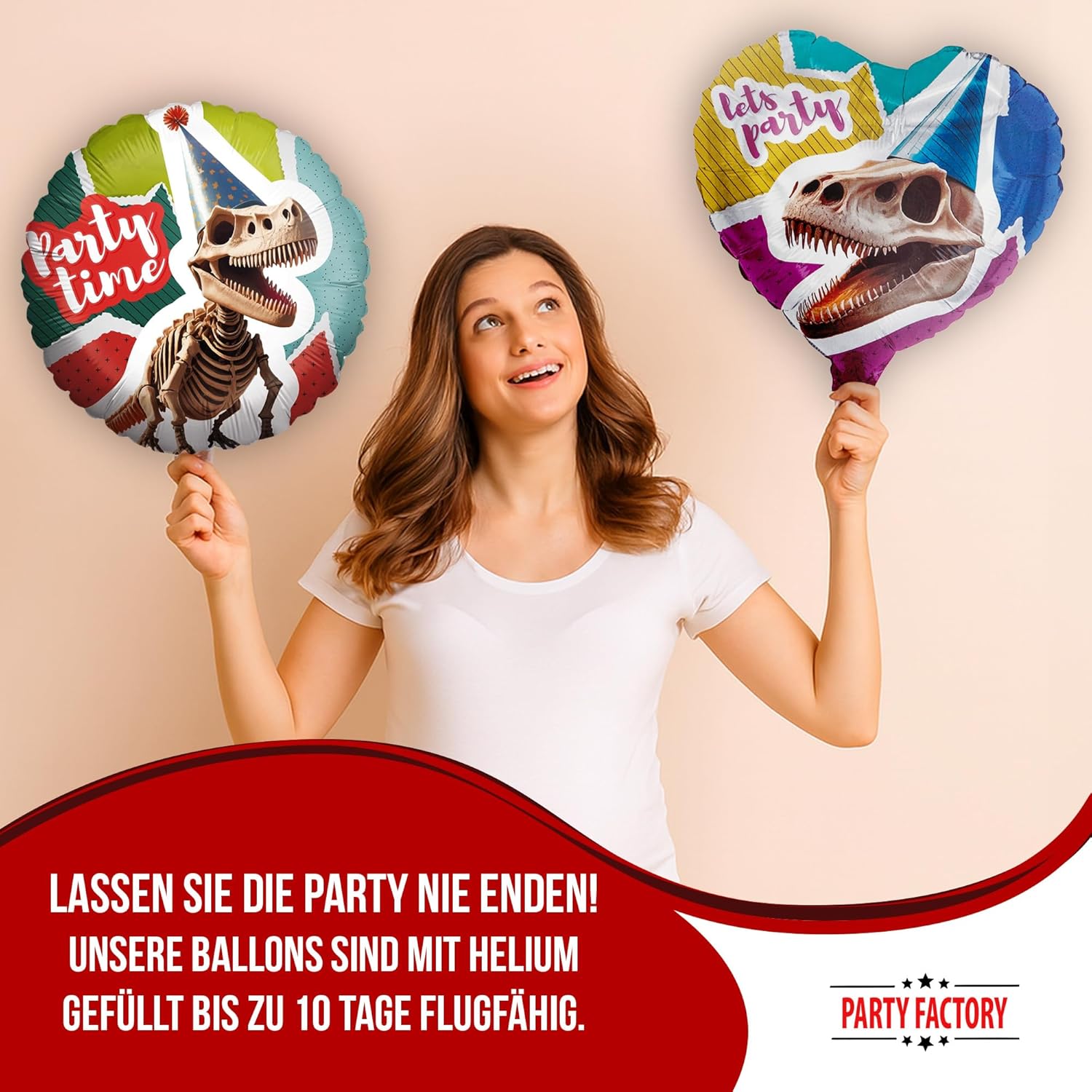 Dino Skelett 5-teiliges Party-Set mit 8 Papptellern 8 Pappbechern 20 Servietten 1 Wimpelkette, 2 Folienballons rund 2 Folienballons herz 3