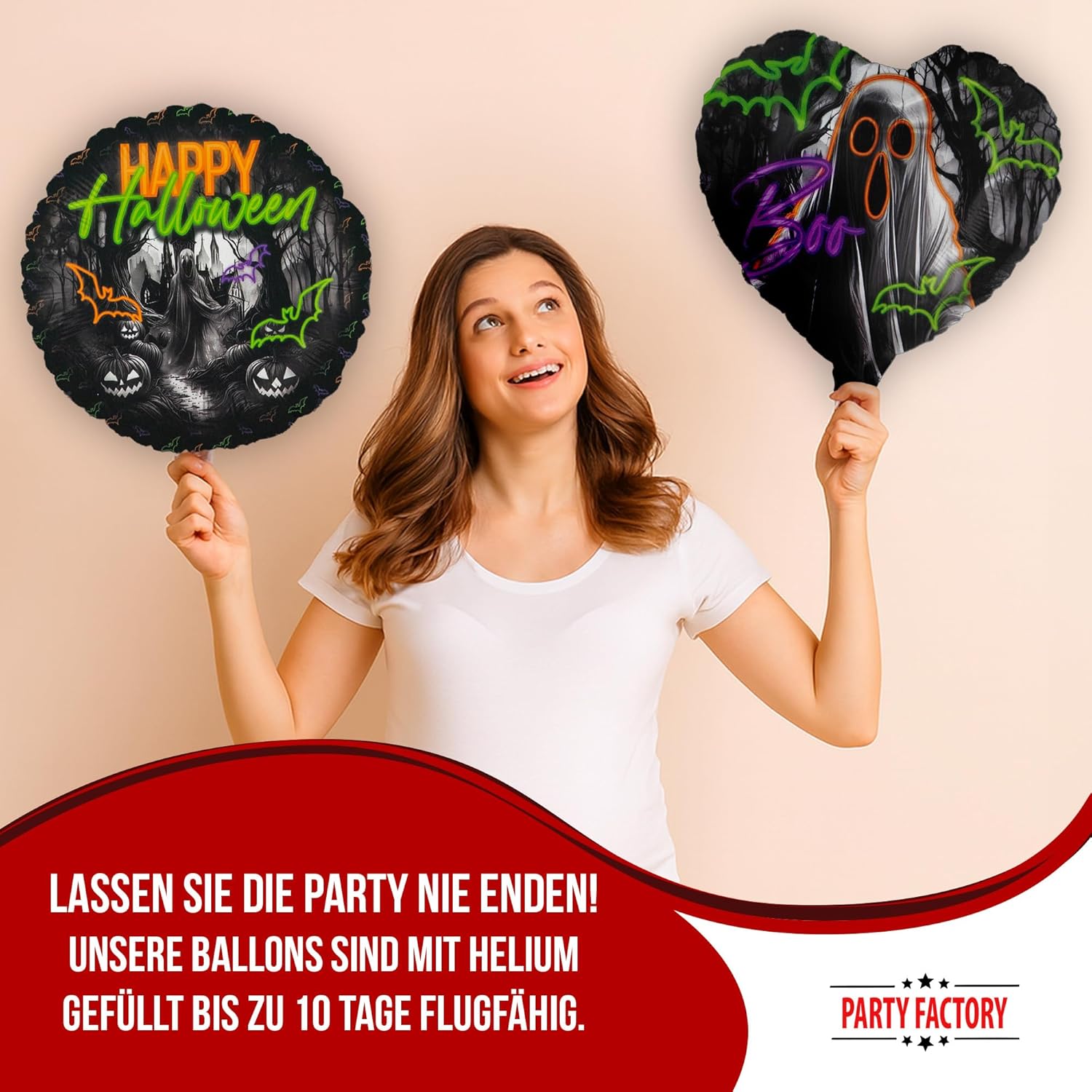 Halloween Neon Motiv 1 5-teiliges Party-Set mit 8 Papptellern 8 Pappbechern 20 Servietten 1 Wimpelkette, 2 Folienballons rund und 2 Folienballons herz 3