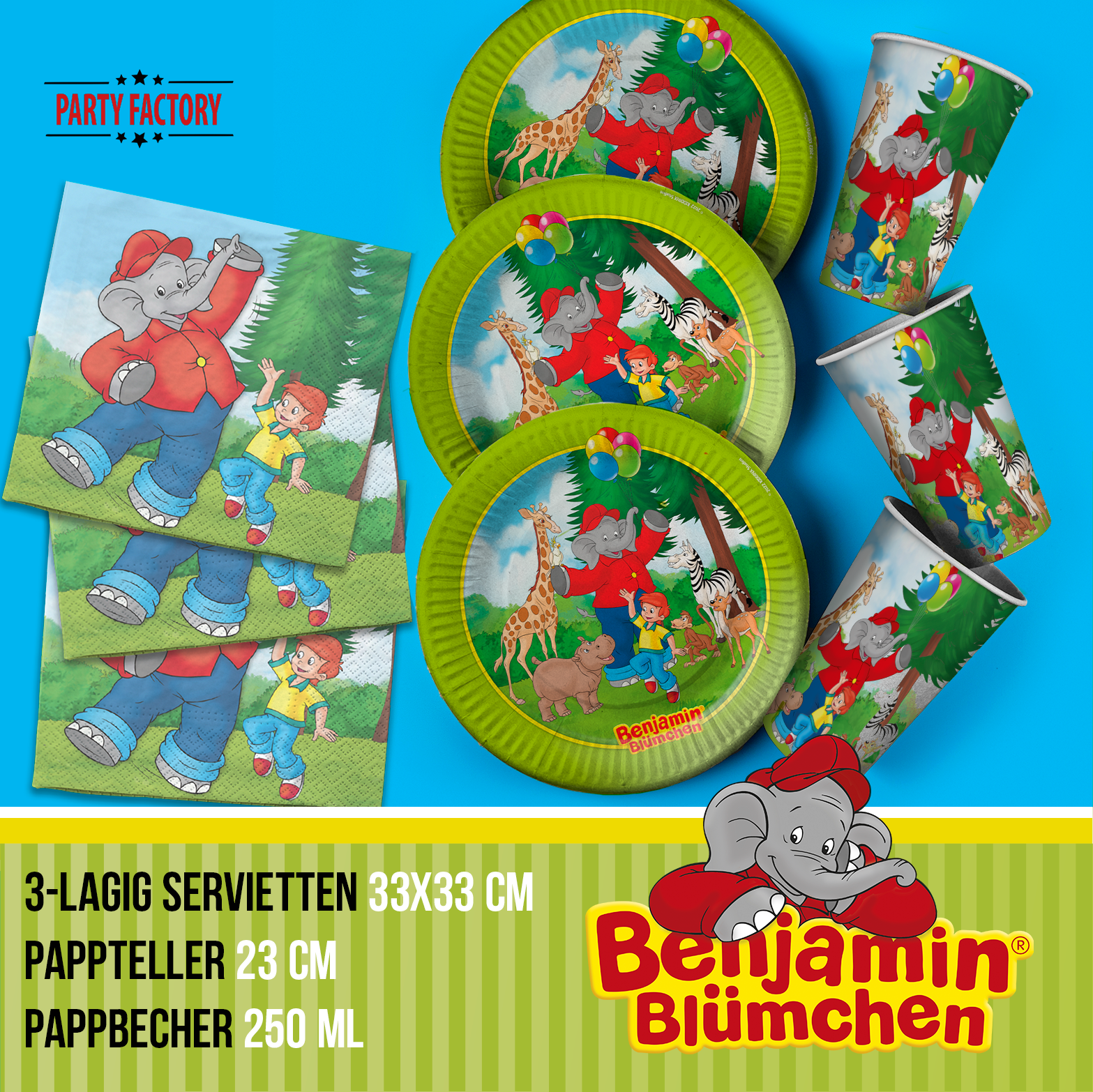 Benjamin Blümchen Partyset 52-tlg Geschirr, Servietten, Wimpel, Tischdecke & Partyhüte 3