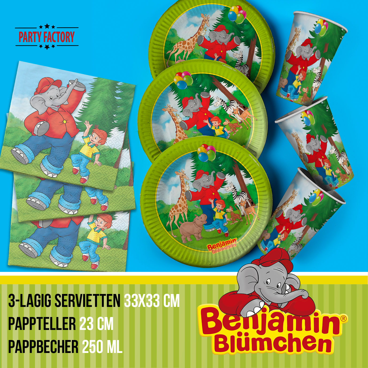 Benjamin Blümchen Partyset 102-tlg Doppelpack Geschirr, Servietten, Partyhüte & Deko 3