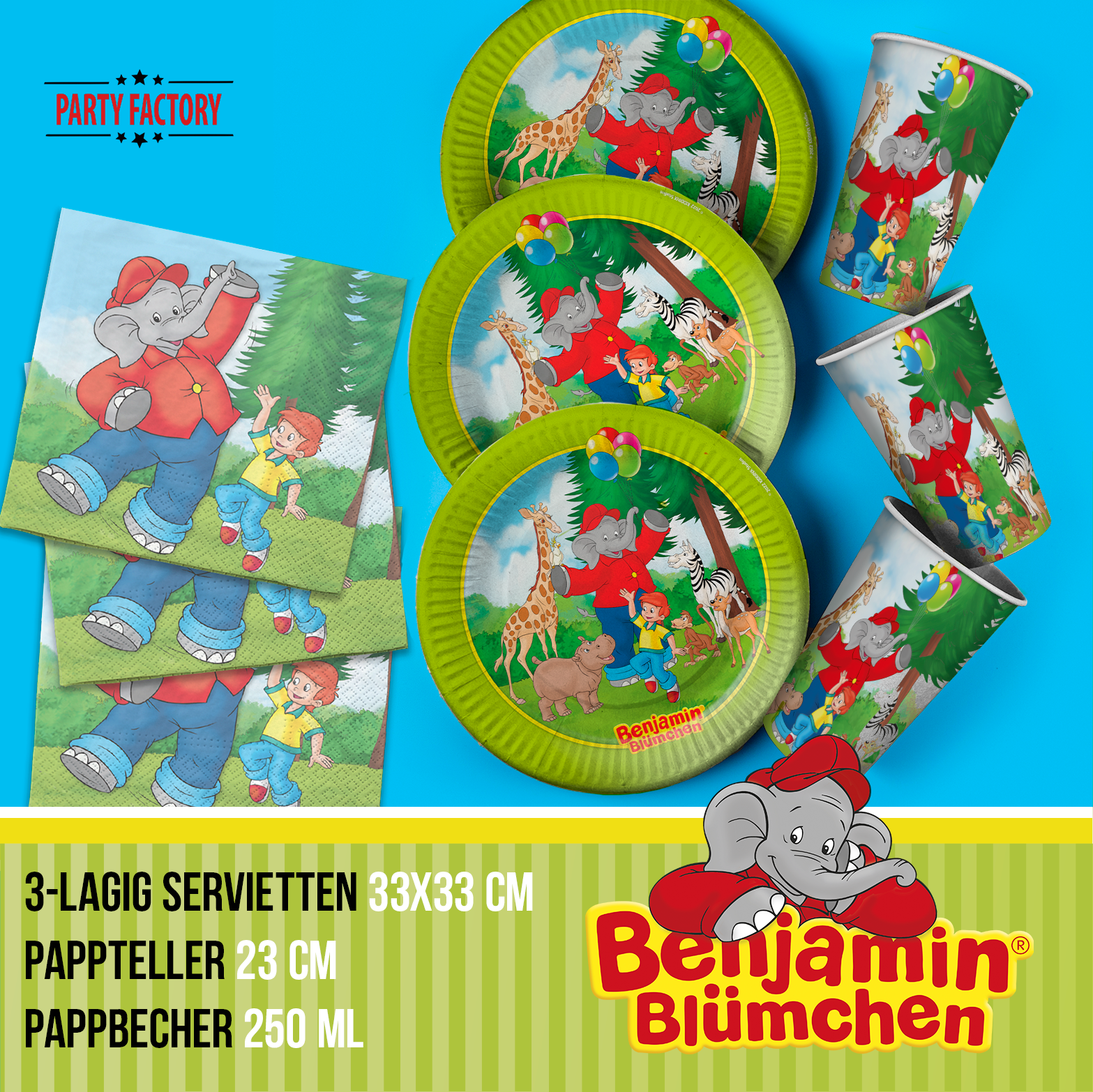 Benjamin Blümchen Partyset 61-tlg – Teller, Becher, Servietten, Ballons & Tüten 3