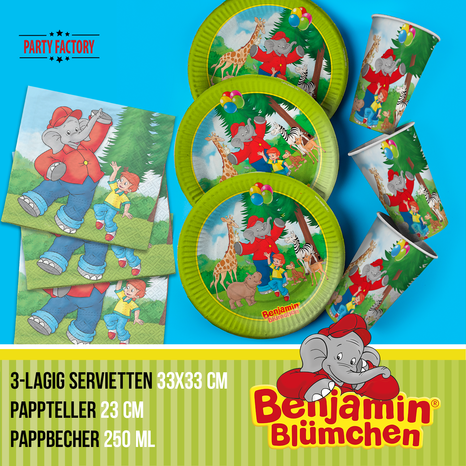 Benjamin Blümchen Partyset 55-tlg – Geschirr, Servietten, Wimpel, Folienballons & Tüten 3