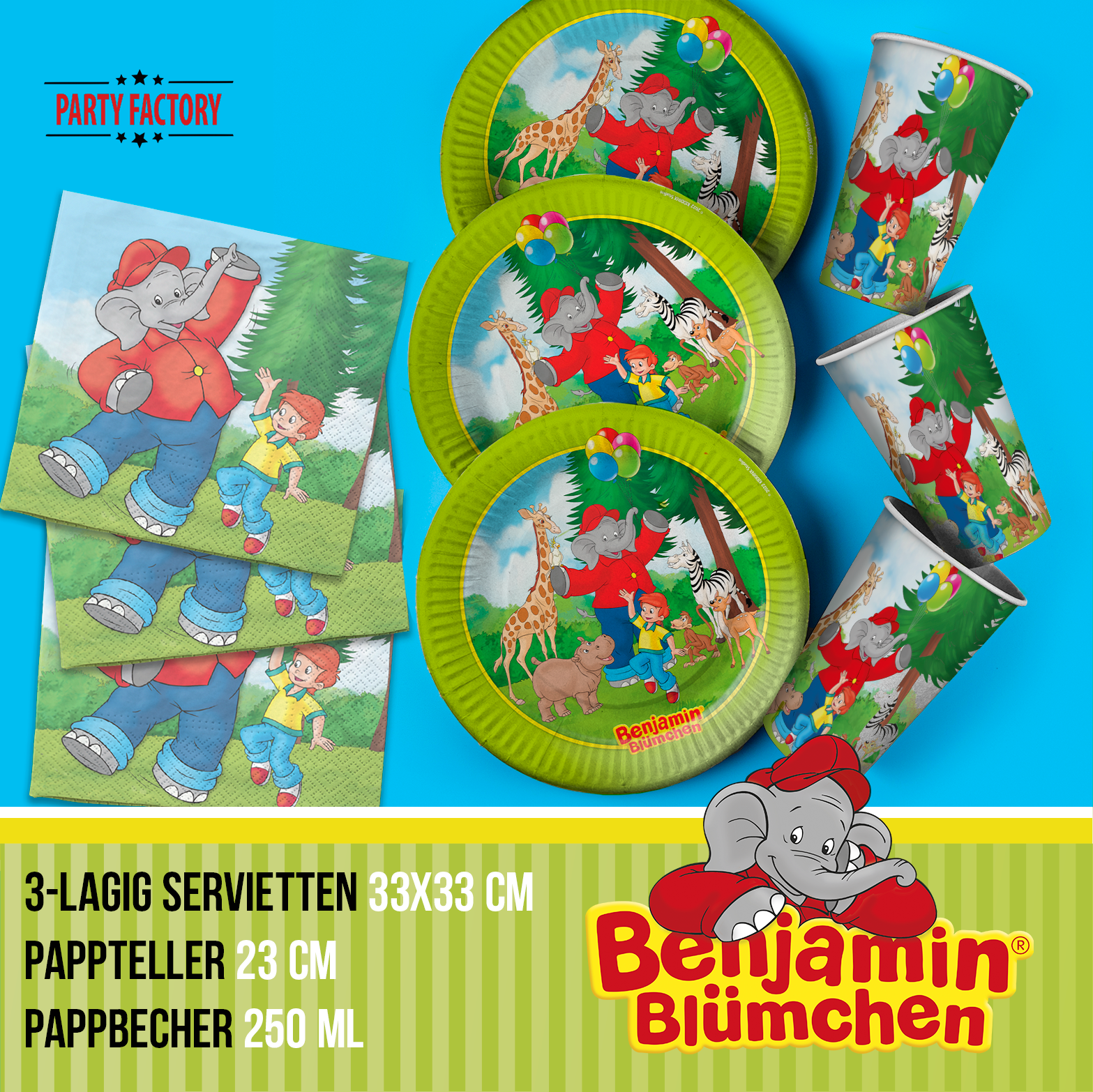 Benjamin Blümchen Partyset 62-tlg Geschirr, Servietten, Deko, Partyhüte & Tüten 3