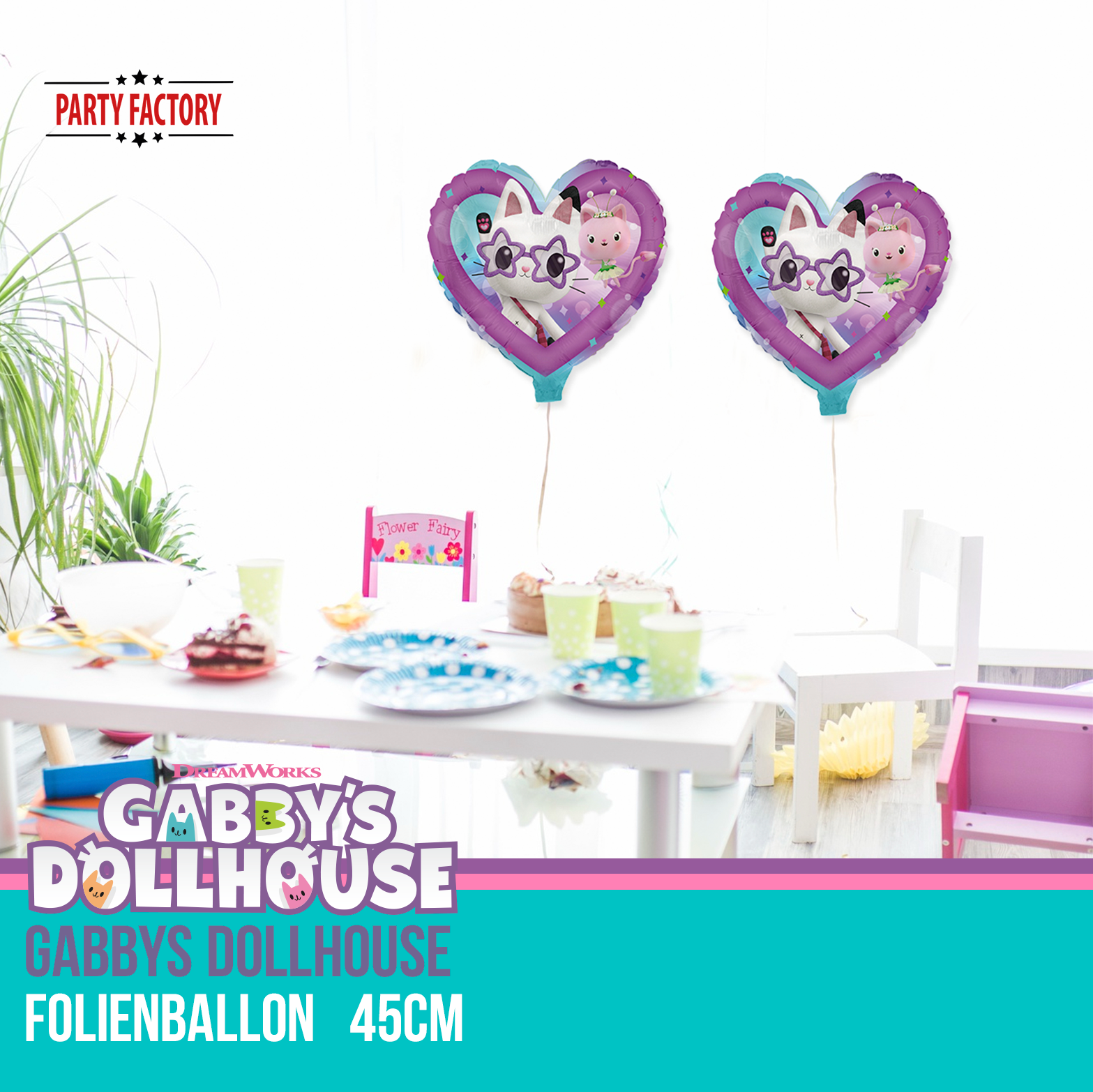 Gabby's Dollhouse Folienballon Herz 45 cm – Pandy Paws & Mercat Motiv 3