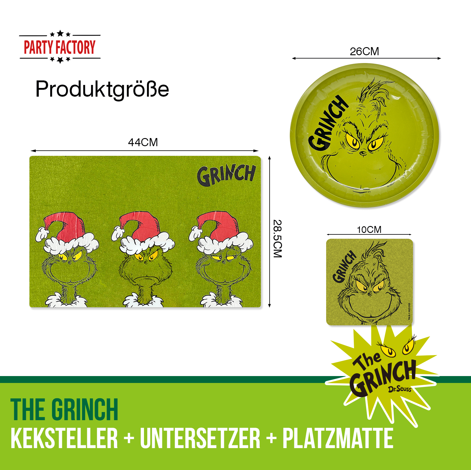 The Grinch Platzmatte Filz & Untersetzer mit 4 grünen Kekstellern Set 3