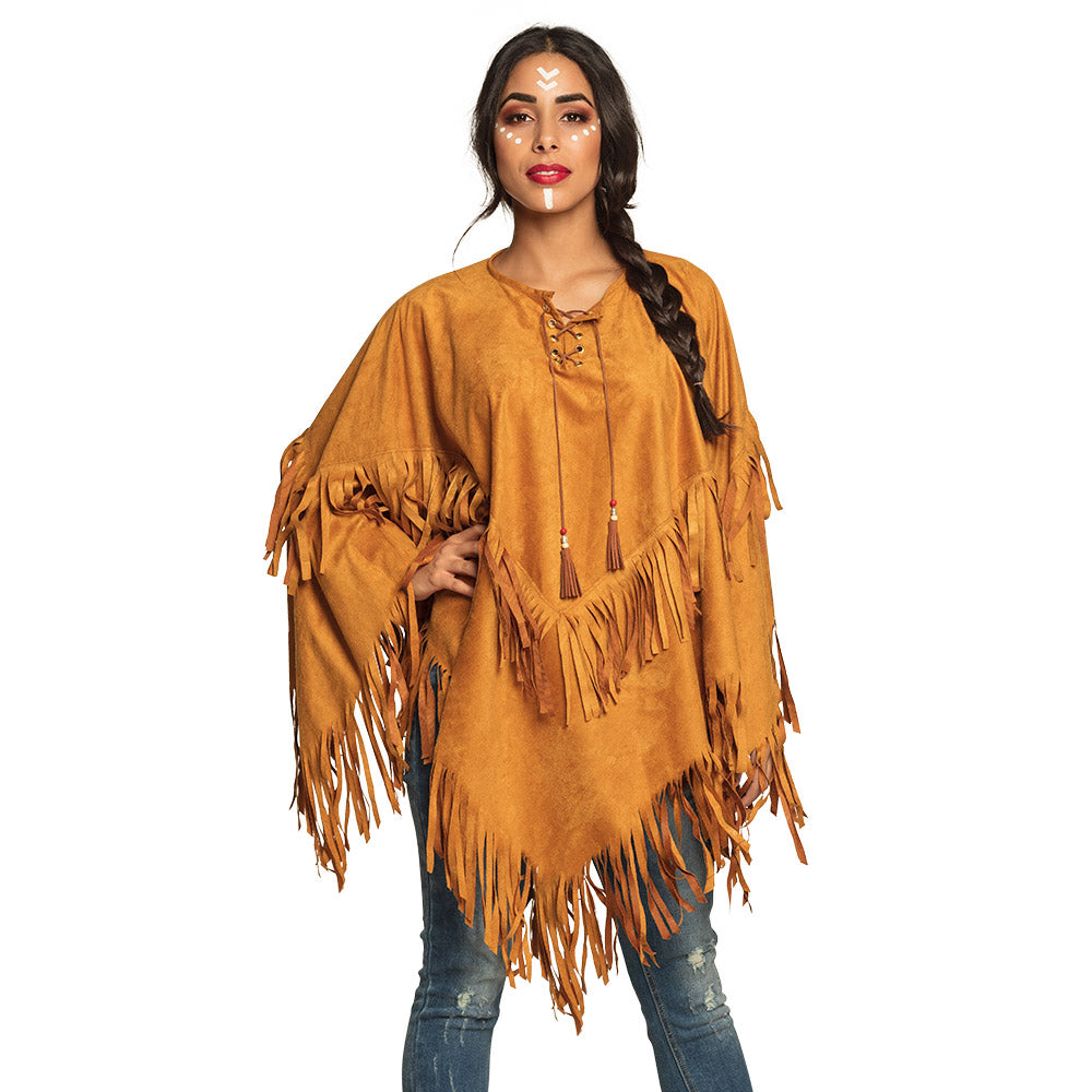 Poncho Bohemian – Damen Kostüm mit Fransen Einheitsgröße für Karneval & Party
