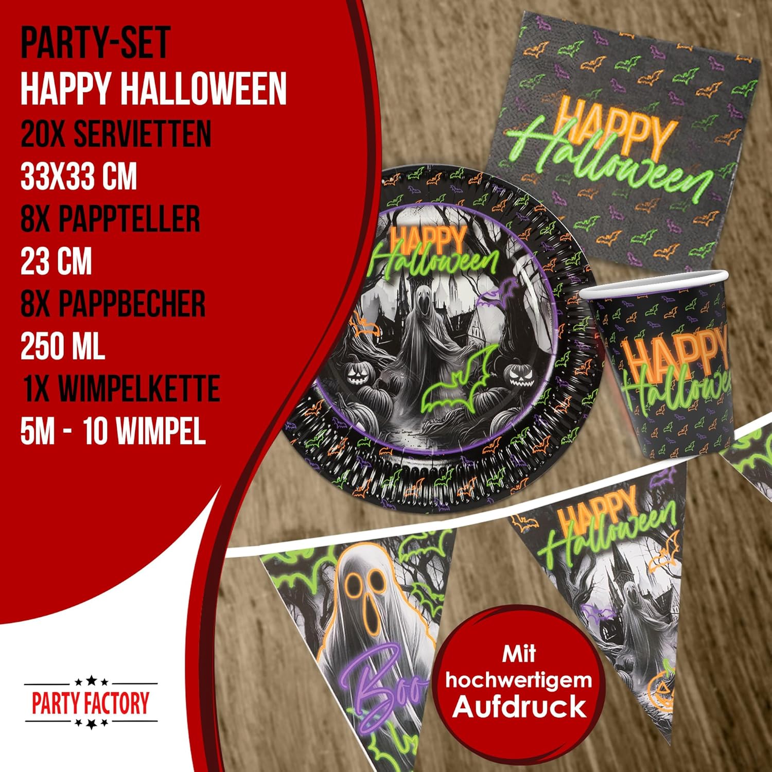 Halloween Neon – 4-teiliges Partyset mit Tellern, Bechern, Servietten & Wimpelkette 4