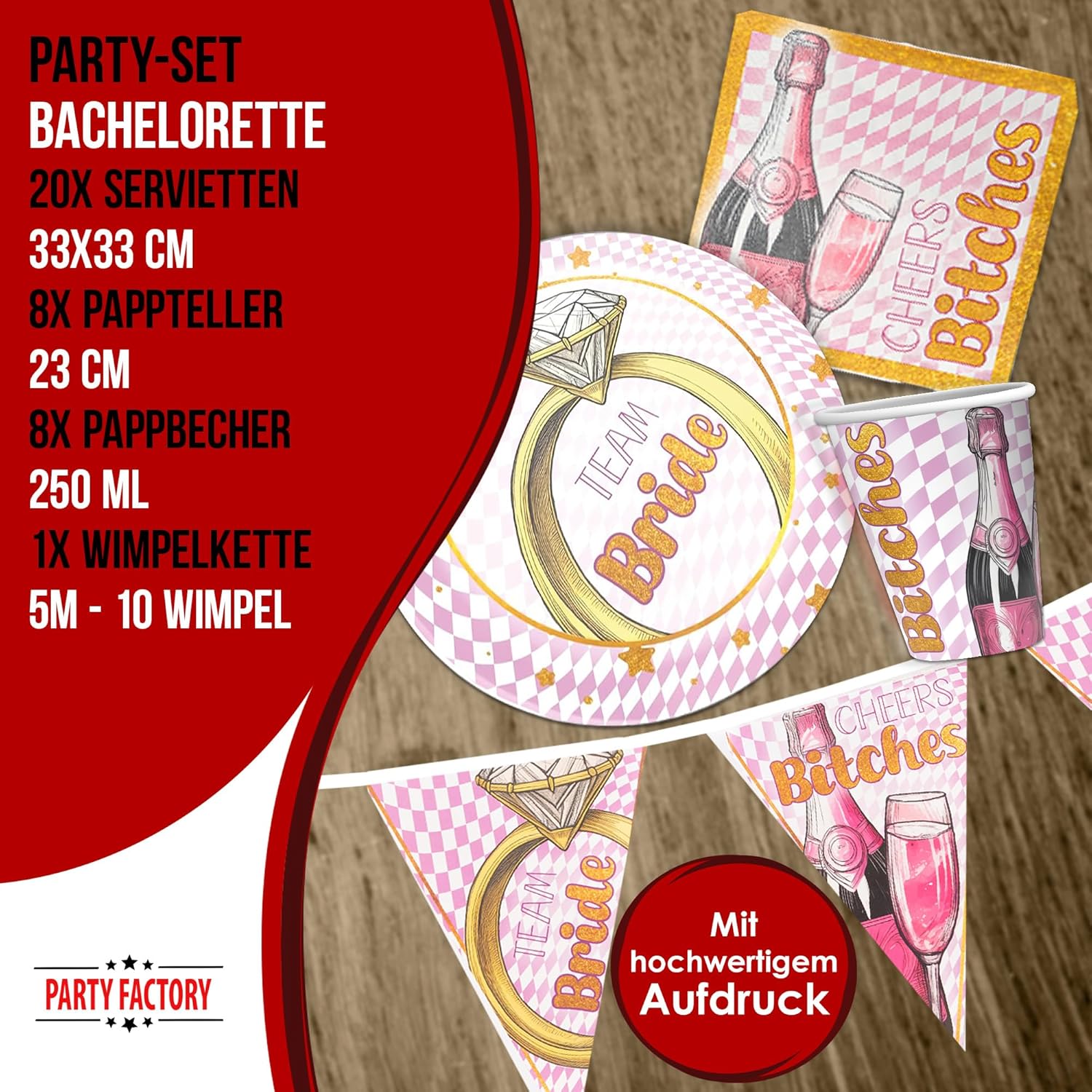 Bachelorette Bling Bling – 4-teiliges JGA Party-Set mit Tellern, Bechern, Servietten & Wimpelkette 4
