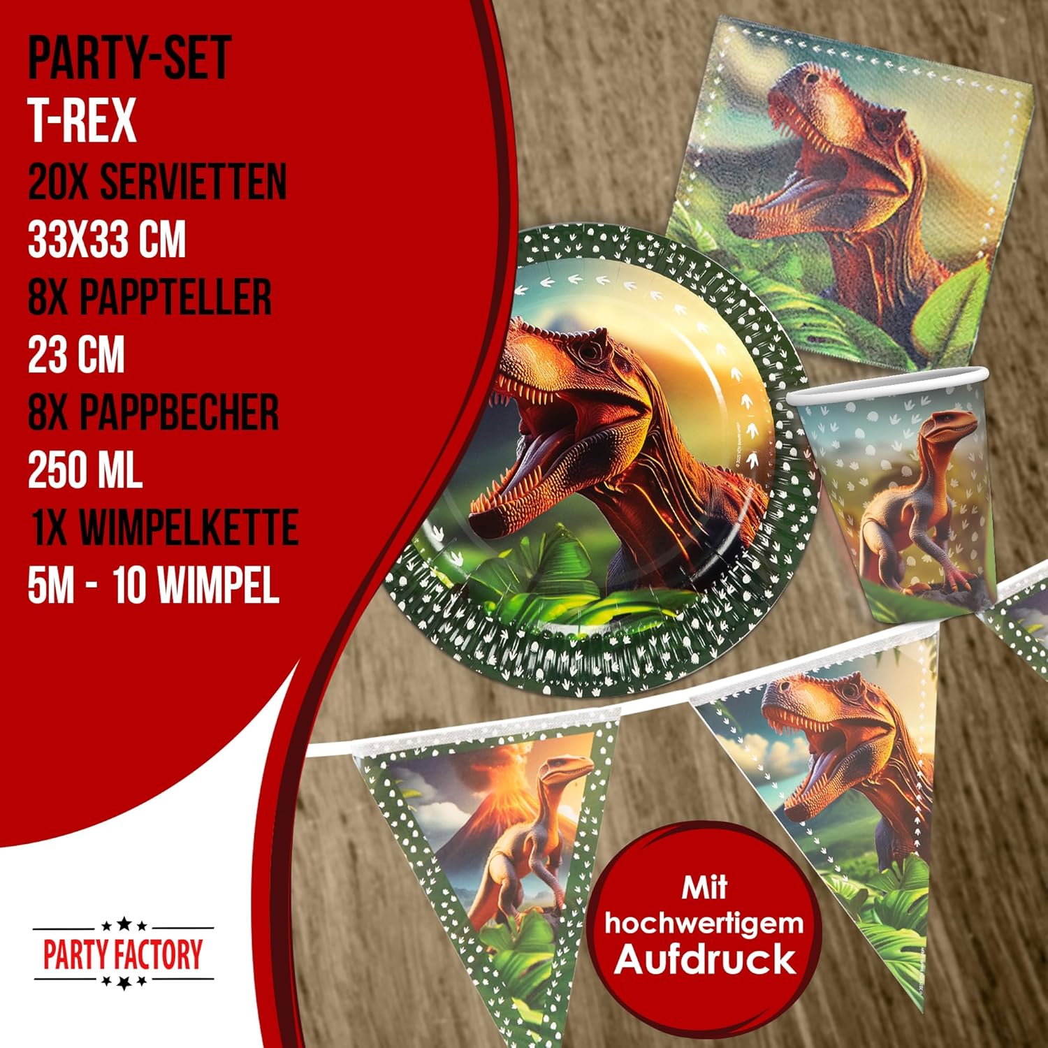 Dino Realistisch Partyset – 4-teiliges Set mit Tellern, Bechern, Servietten und Wimpelkette 4