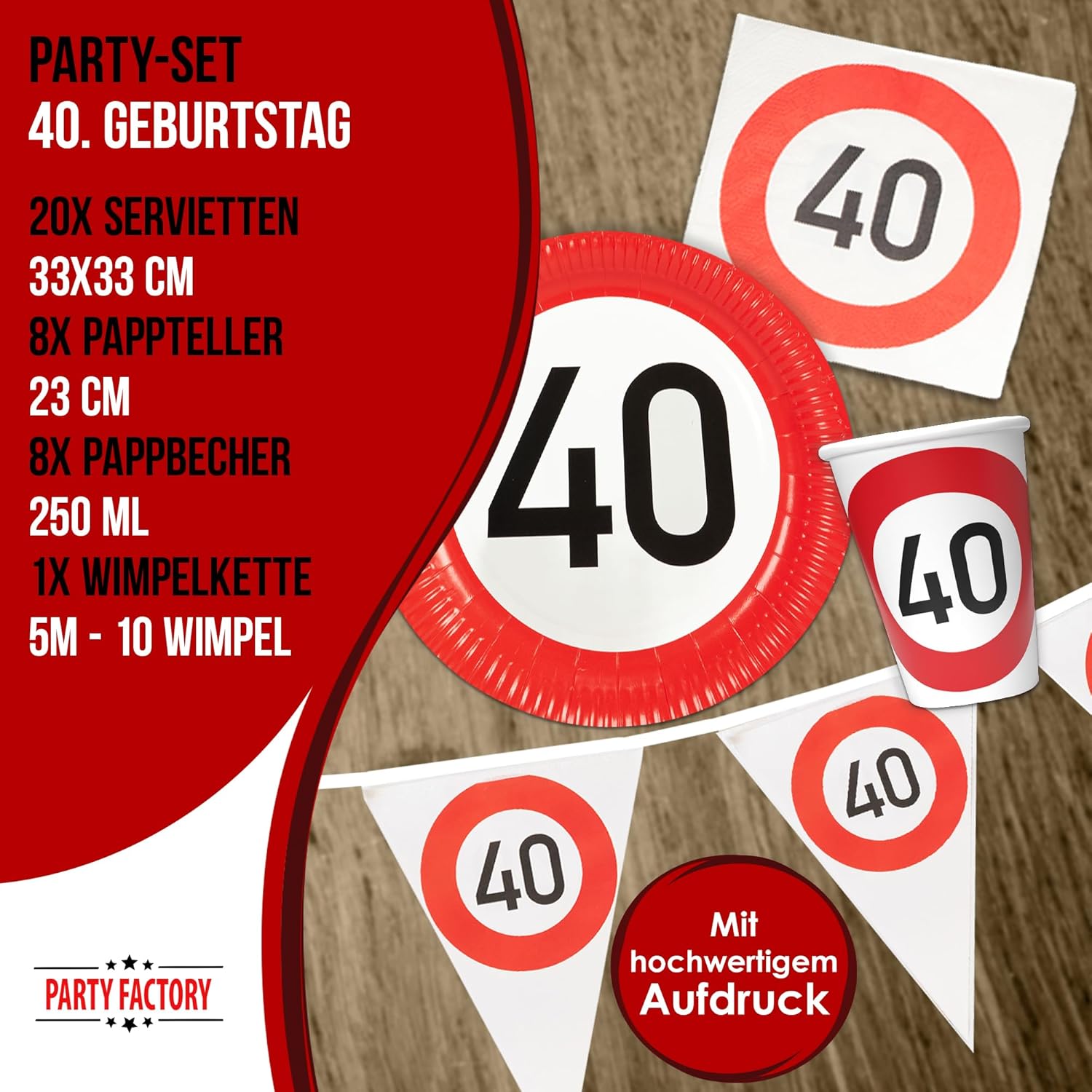 Happy Birthday 40 – 4-teiliges Partyset mit Tellern, Bechern, Servietten und Wimpelkette 4
