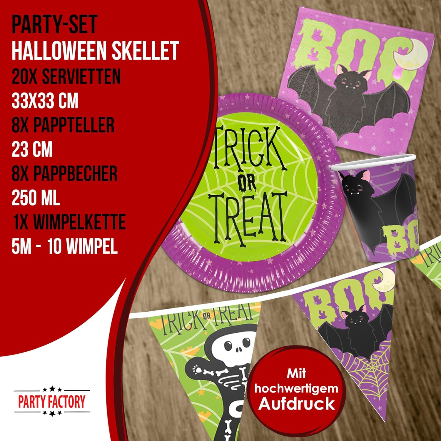 Halloween Skelett Partyset – 4-teiliges Set mit Tellern, Bechern, Servietten & Wimpelkette im Fledermaus-Design 4