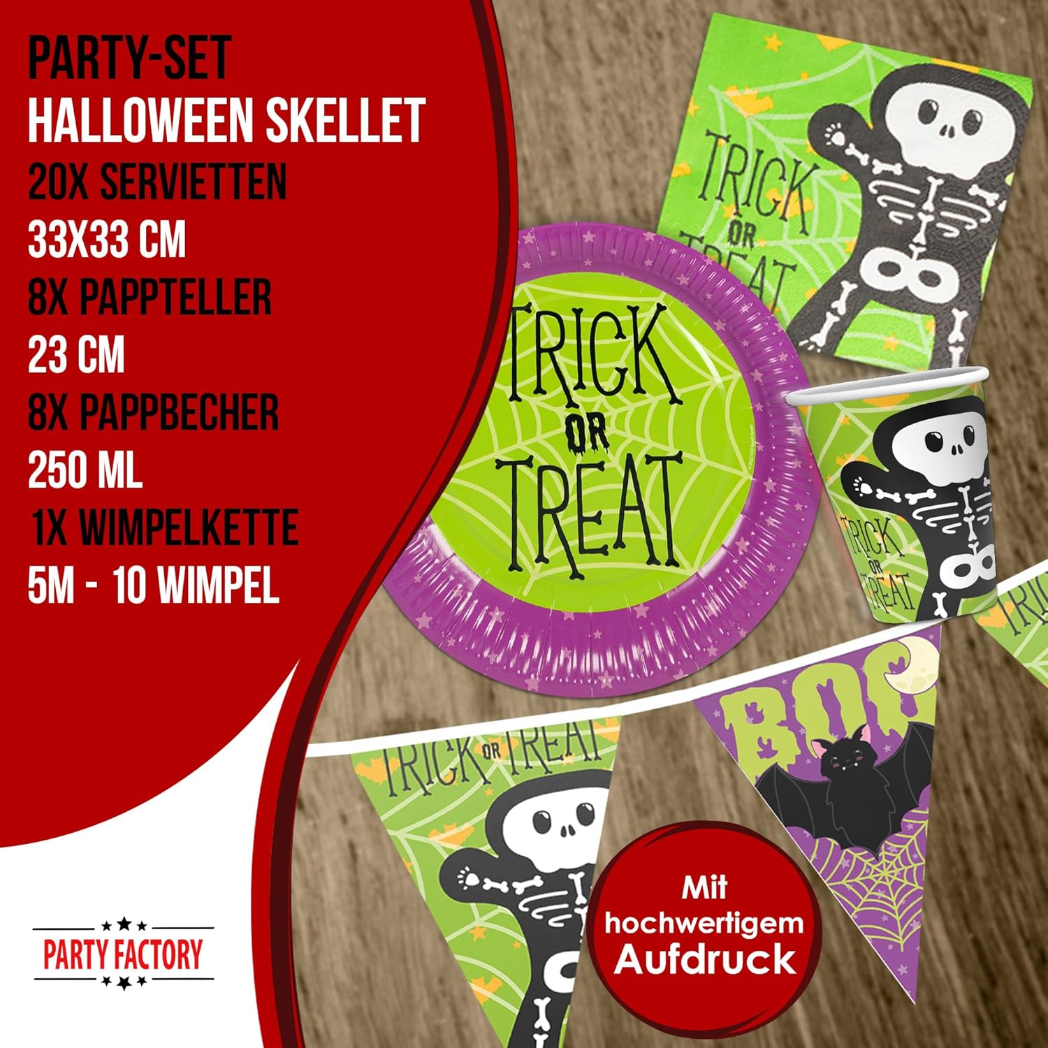Halloween Skelett Partyset – 4-teiliges Set mit Tellern, Bechern, Servietten & Wimpelkette 4