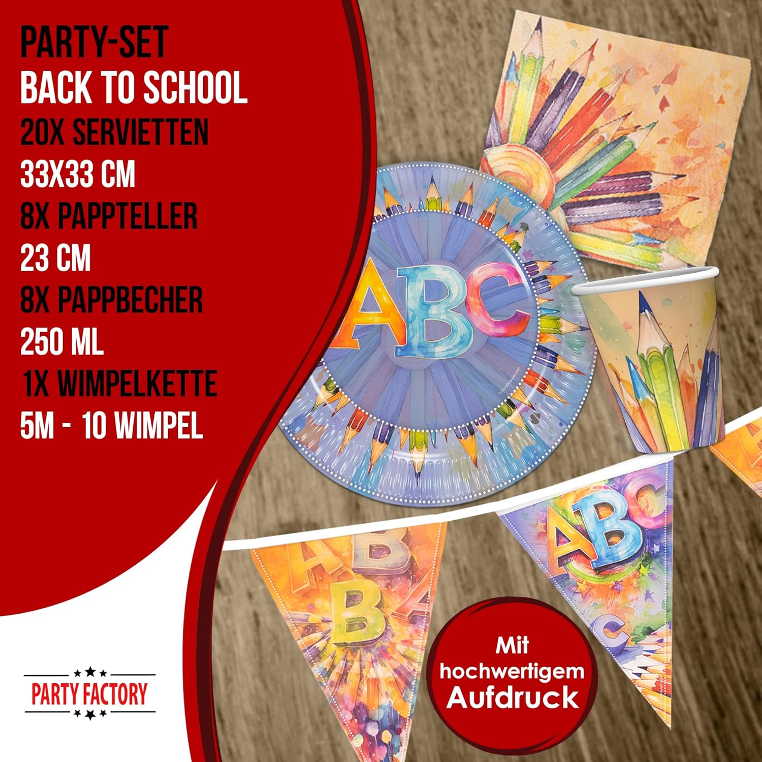 Back to School Partyset – 4-teiliges Set mit Tellern, Bechern, Servietten & Wimpelkette im ABC- und Buntstift-Design 4