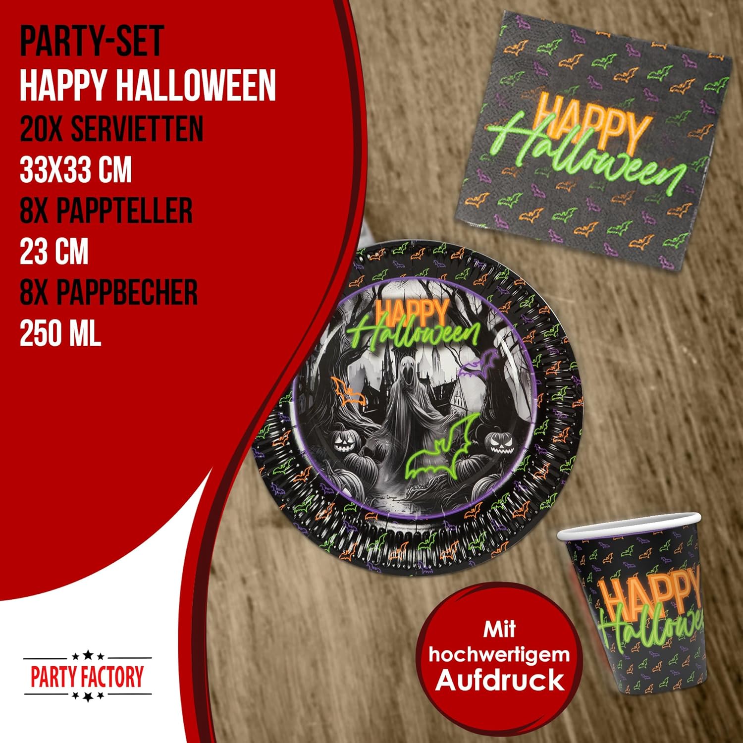 Halloween Neon Motiv 1 3-teiliges Party-Set mit 16 Papptellern, 16 Pappbechern und 40 Servietten 13