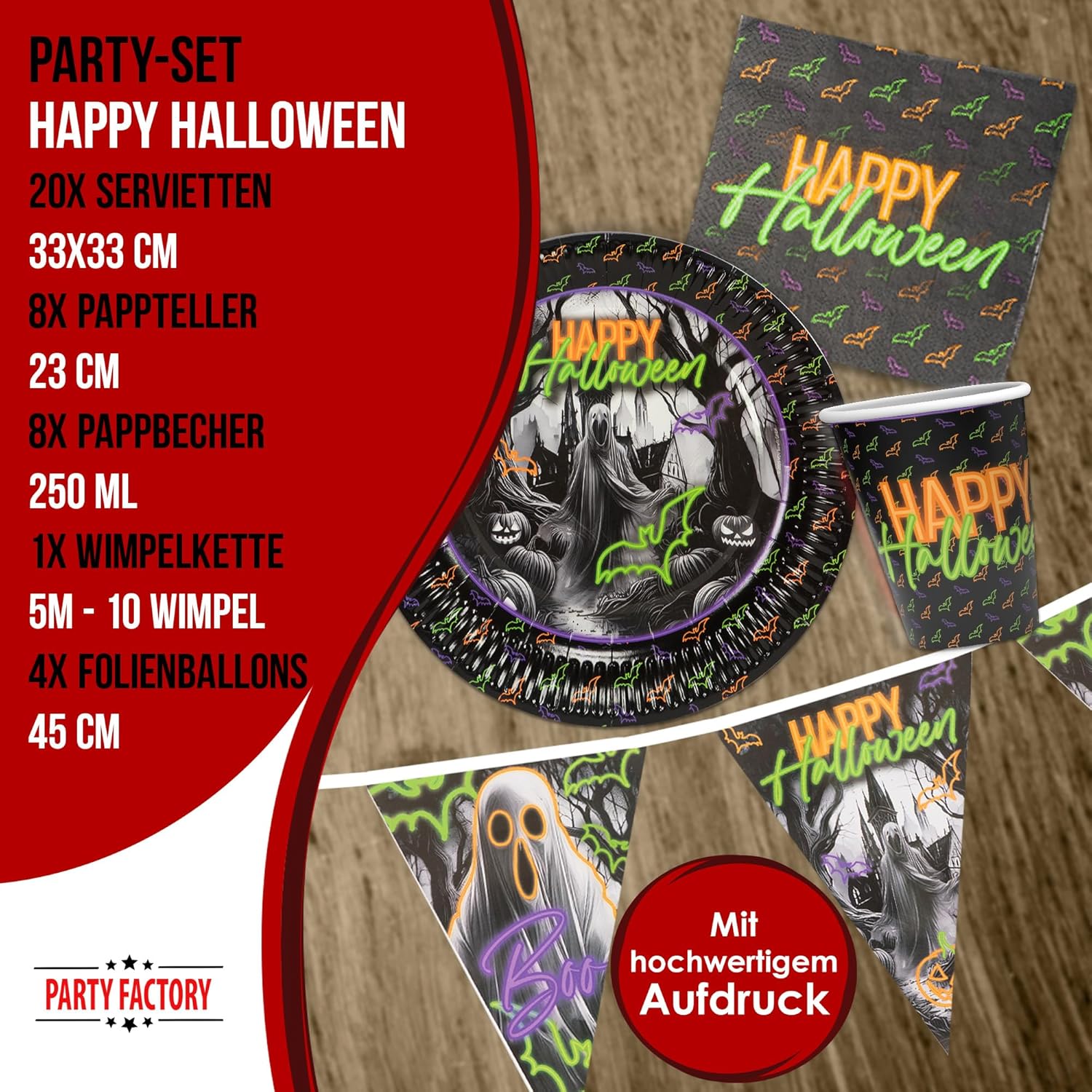 Halloween Neon Motiv 1 5-teiliges Party-Set mit 8 Papptellern 8 Pappbechern 20 Servietten 1 Wimpelkette, 2 Folienballons rund und 2 Folienballons herz 4