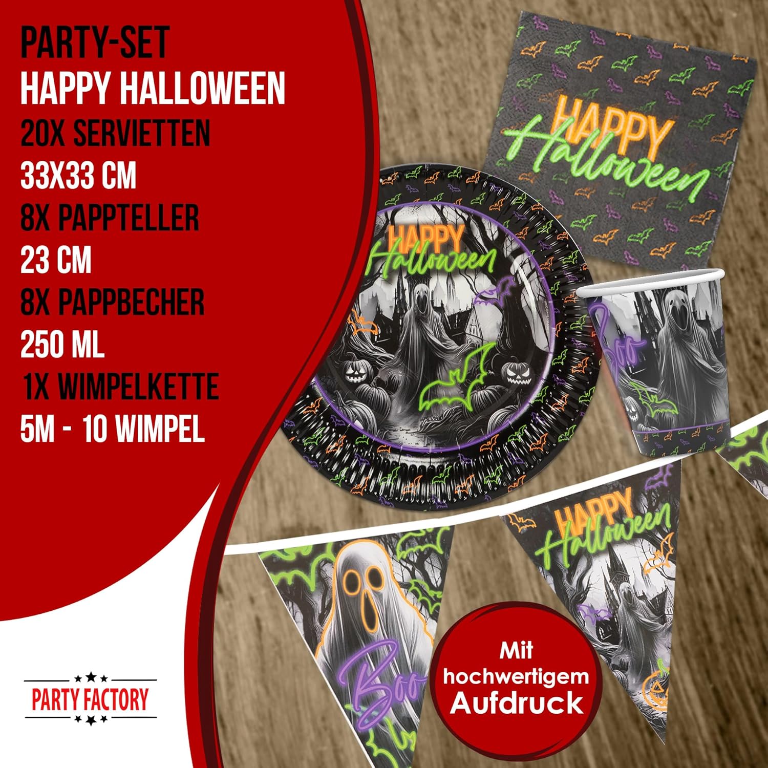Halloween Neon Motiv 2 5-teiliges Party-Set mit 8 Papptellern 8 Pappbechern 20 Servietten 1 Wimpelkette, 2 Folienballons rund und 2 Folienballons herz 4