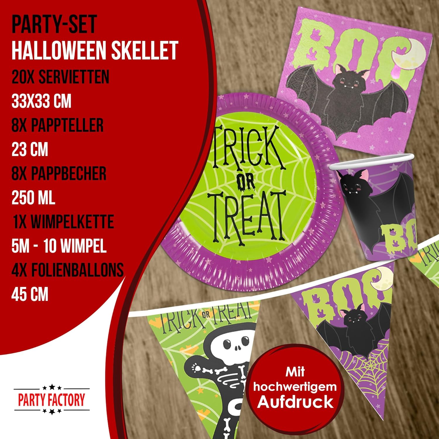 Halloween Skelett Motiv 1 5-teiliges Party-Set mit 8 Papptellern 8 Pappbechern 20 Servietten 1 Wimpelkette, 2 Folienballons rund und 2 Folienballons herz 4