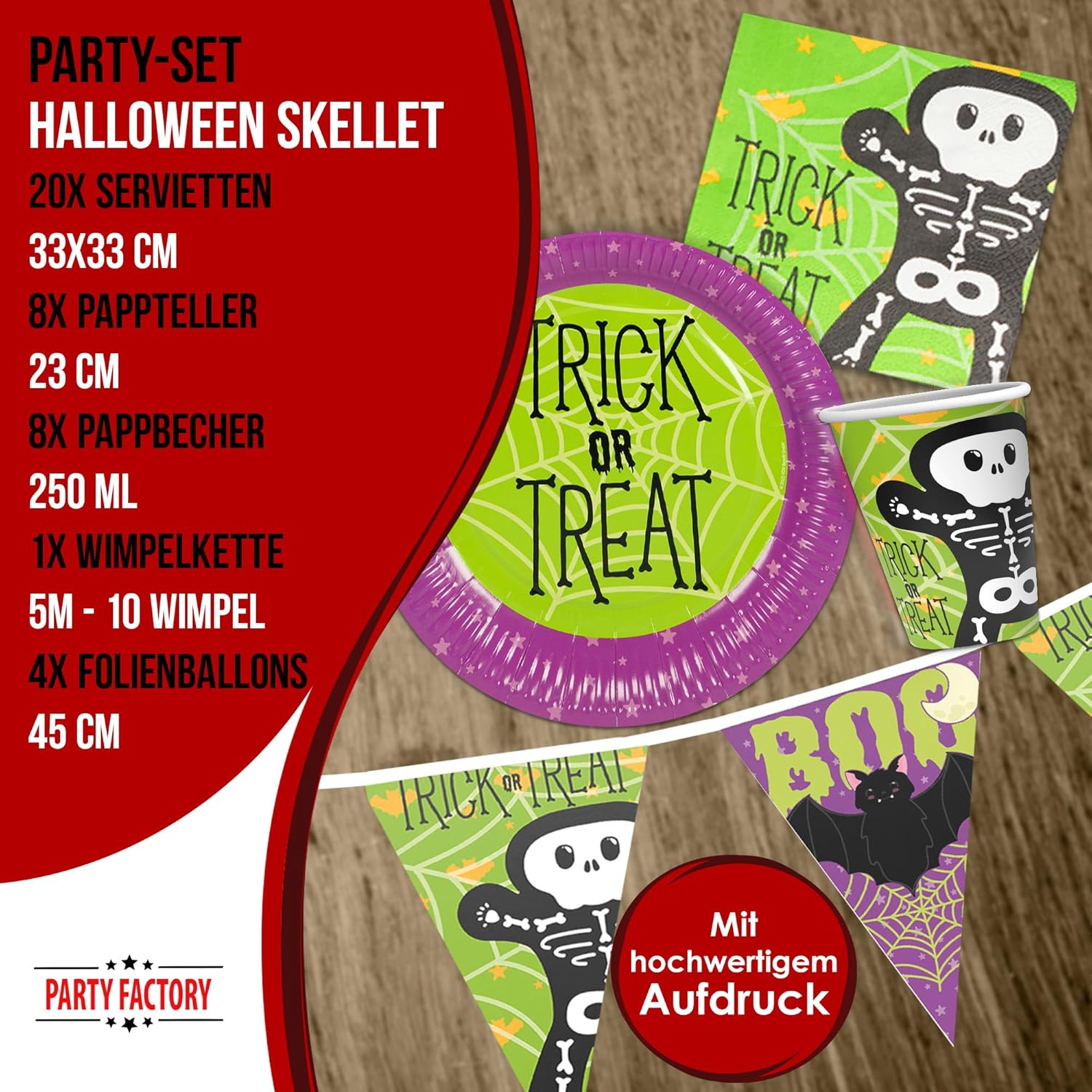 Halloween Skelett Motiv 2 5-teiliges Party-Set mit 8 Papptellern 8 Pappbechern 20 Servietten 1 Wimpelkette, 2 Folienballons rund und 2 Folienballons herz 4