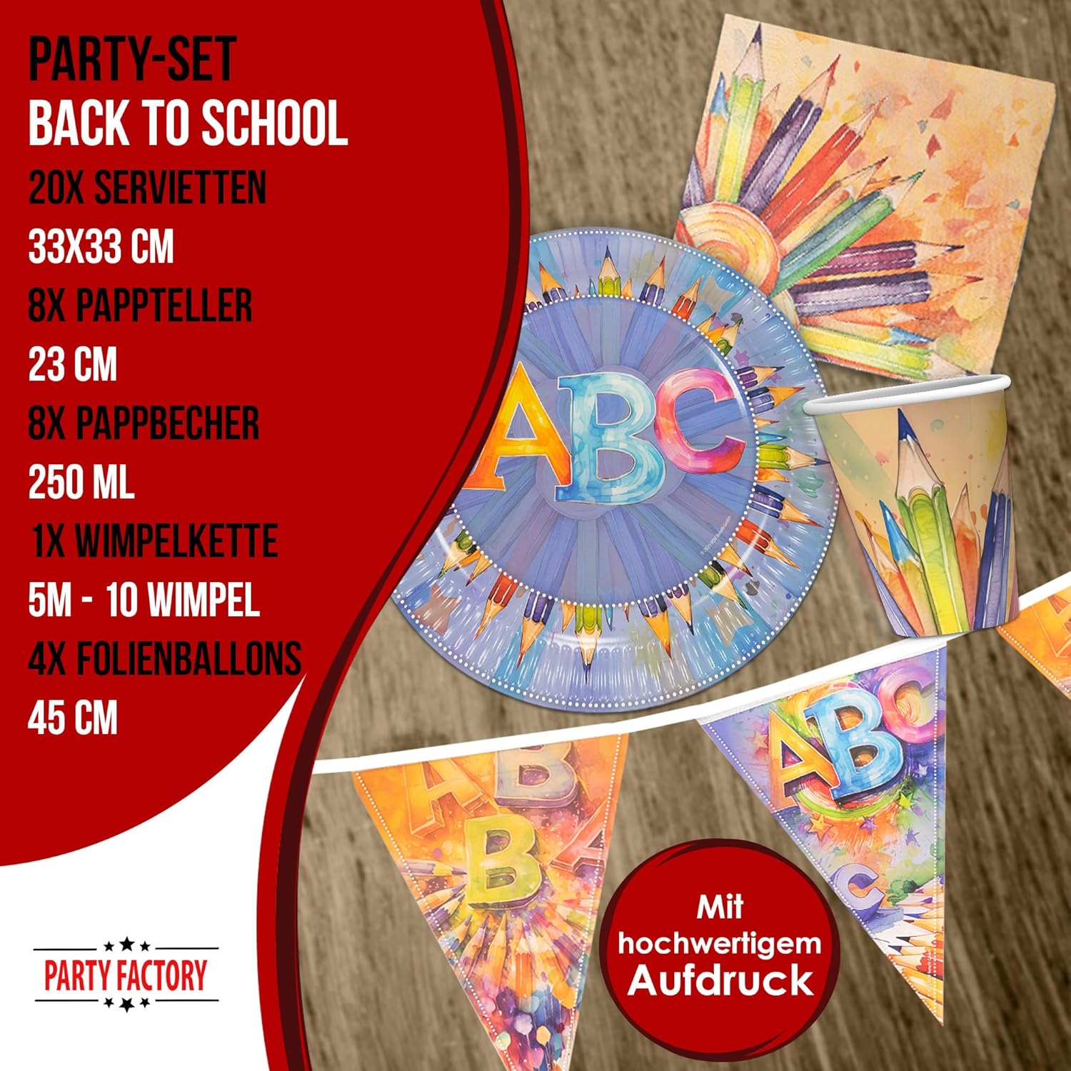 Back to School Neutral 5-teiliges Party-Set mit 8 Papptellern 8 Pappbechern 20 Servietten 1 Wimpelkette, 2 Folienballons rund und 2 Folienballons herz 4