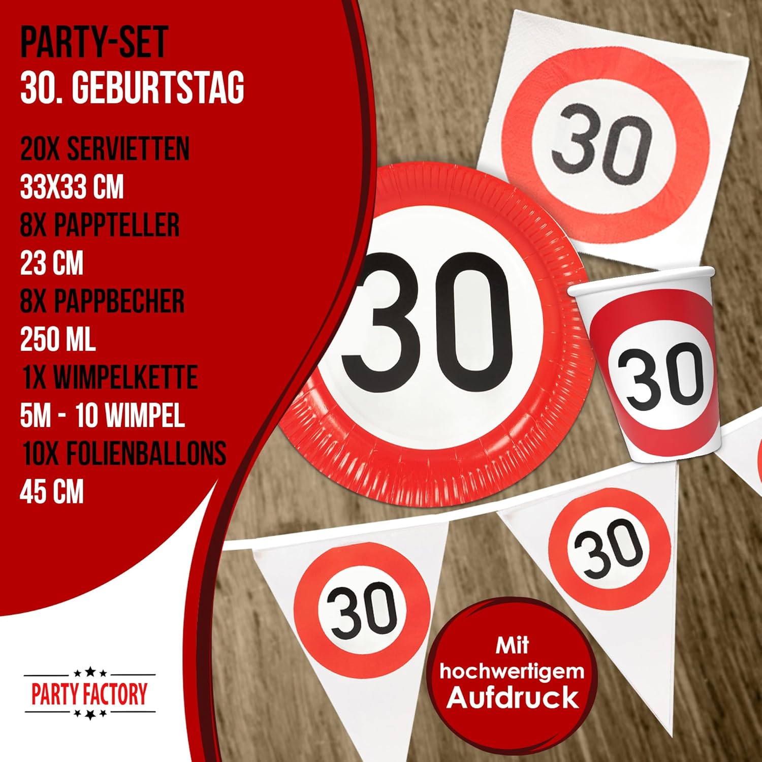 Happy Birthday 30 5-teiliges Party-Set mit 8 Papptellern 8 Pappbechern 20 Servietten 1 Wimpelkette und 10 Folienballons 4