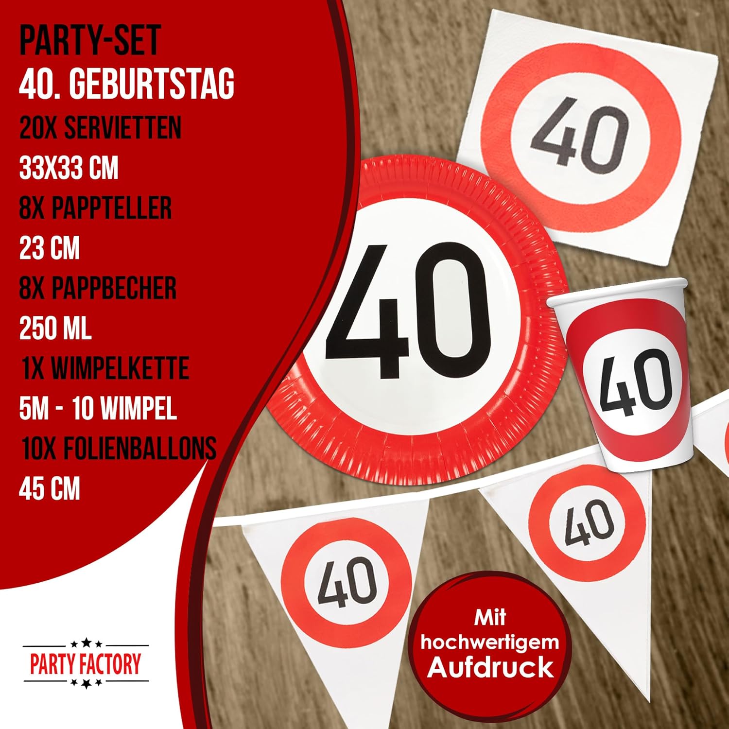 Happy Birthday 40 5-teiliges Party-Set mit 8 Papptellern 8 Pappbechern 20 Servietten 1 Wimpelkette und 10 Folienballons 4