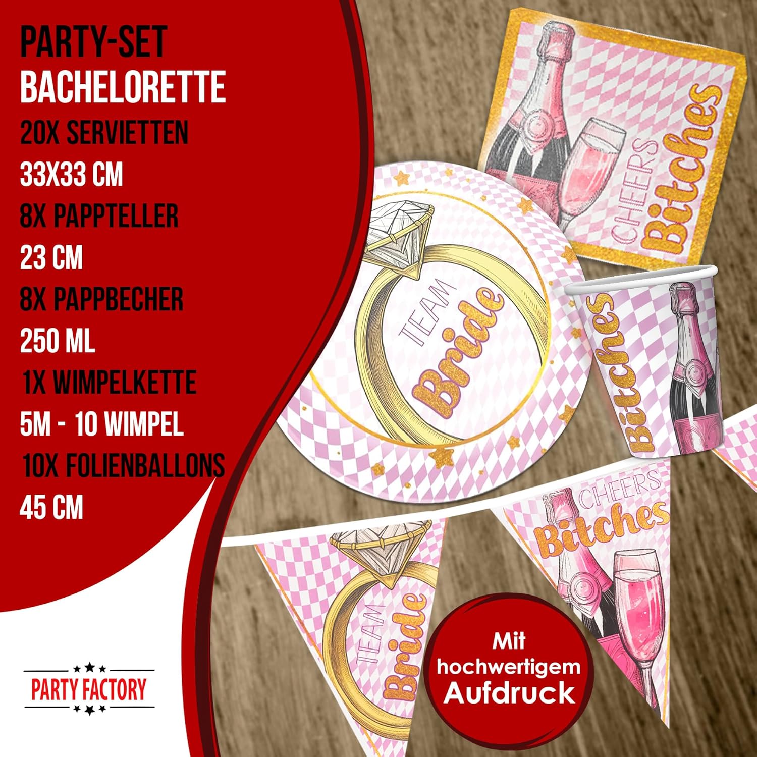 Bachelorette Bling Bling 5-teiliges Party-Set mit 8 Papptellern 8 Pappbechern 20 Servietten 1 Wimpelkette und 10 Folienballons 4