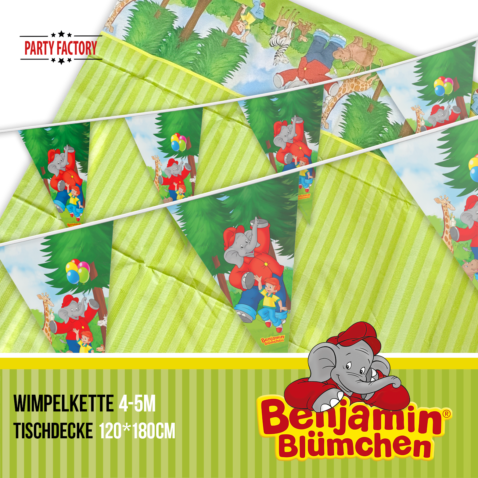 Benjamin Blümchen Partyset 82-tlg Doppelpack Geschirr, Wimpel & Tischdecke 4