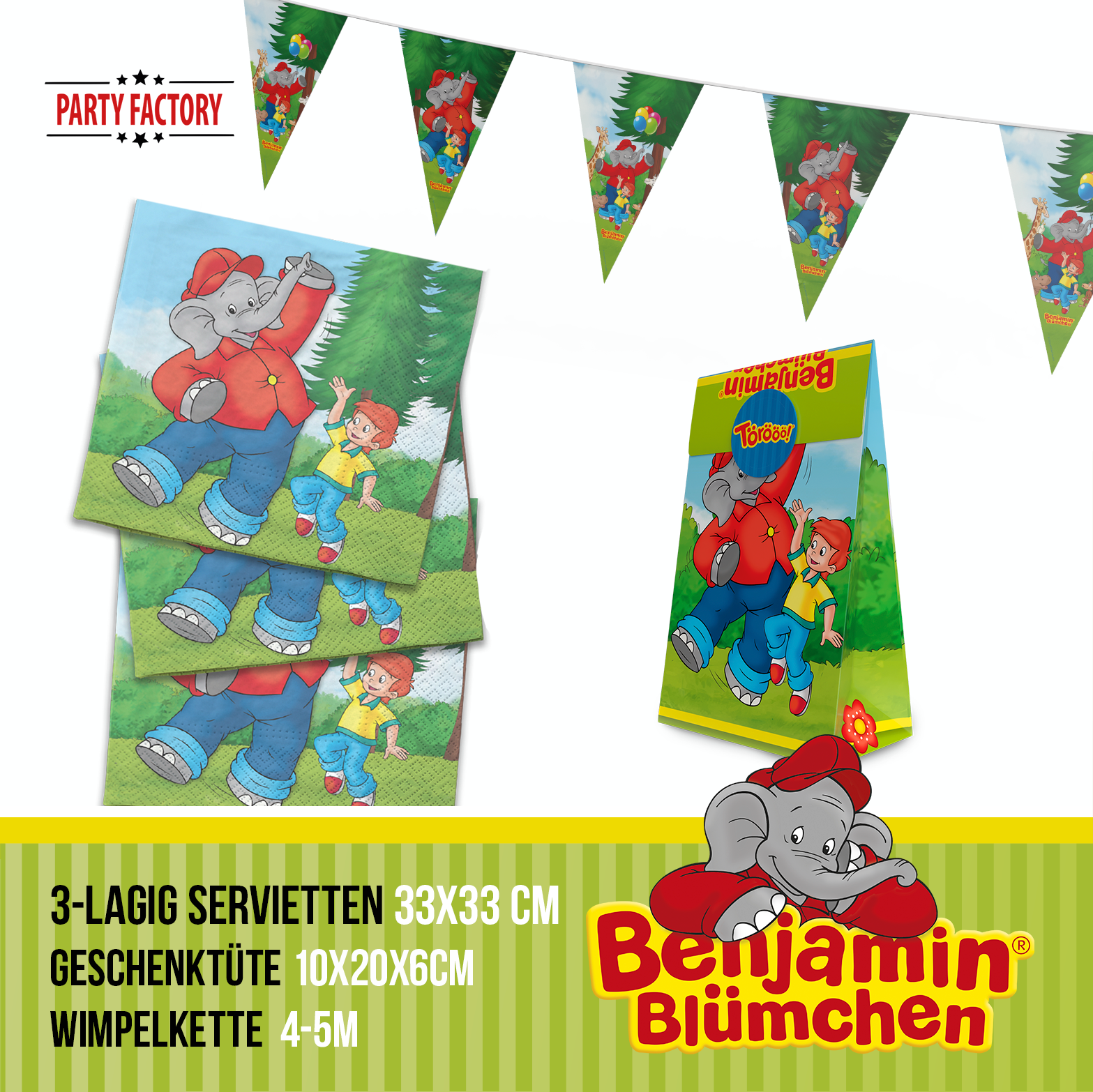 Benjamin Blümchen Partyset 51-tlg Geschirr, Servietten, Wimpel & Geschenktüten 4