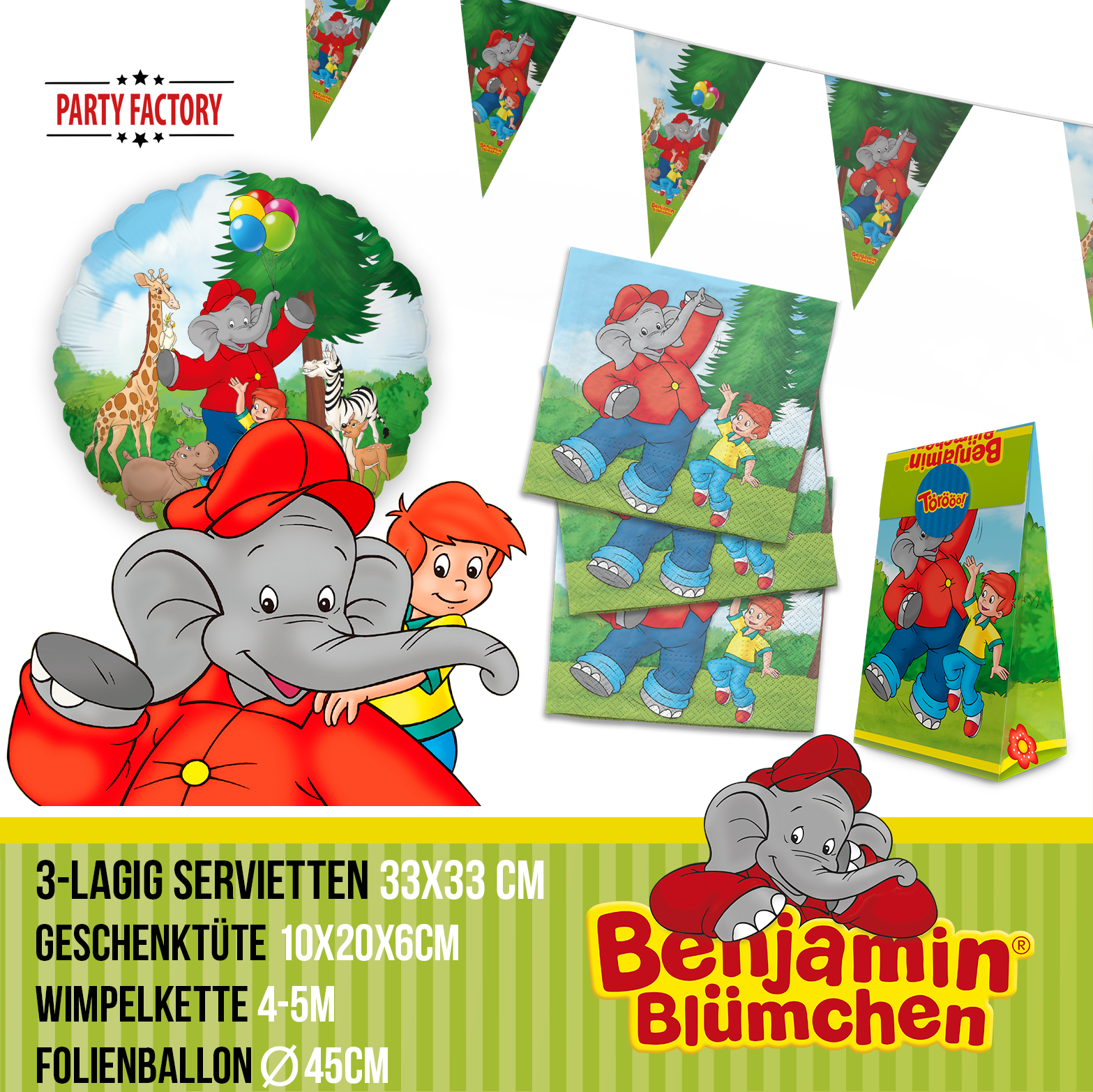 Benjamin Blümchen Partyset 55-tlg – Geschirr, Servietten, Wimpel, Folienballons & Tüten 4