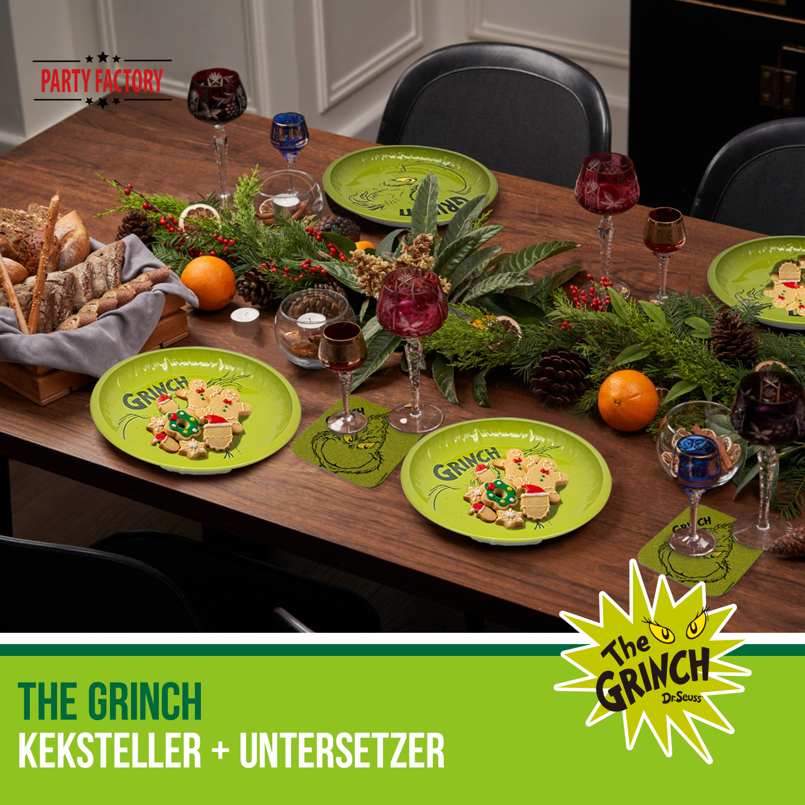 The Grinch Platzmatte Filz & Untersetzer mit 4 grünen Kekstellern Set 4