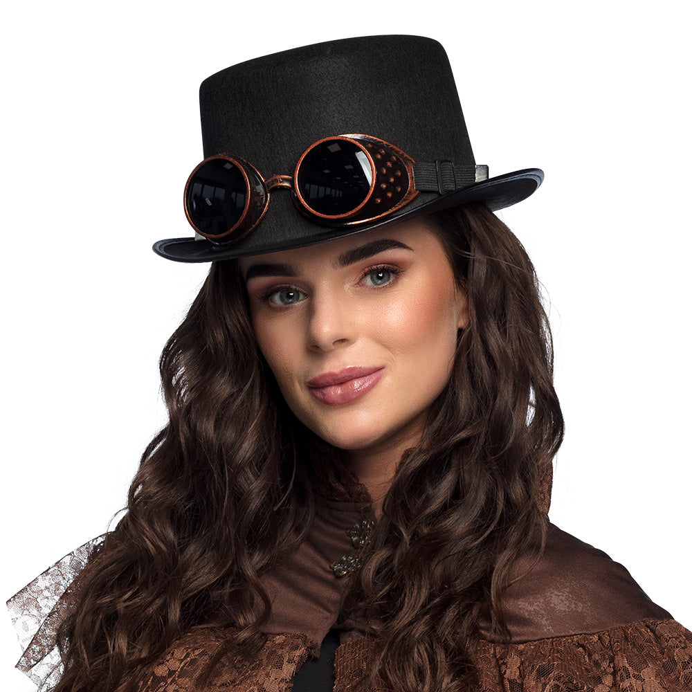 Hut Steampunk schwarz mit Goggles – Zylinder & Partybrille für Kostüme
