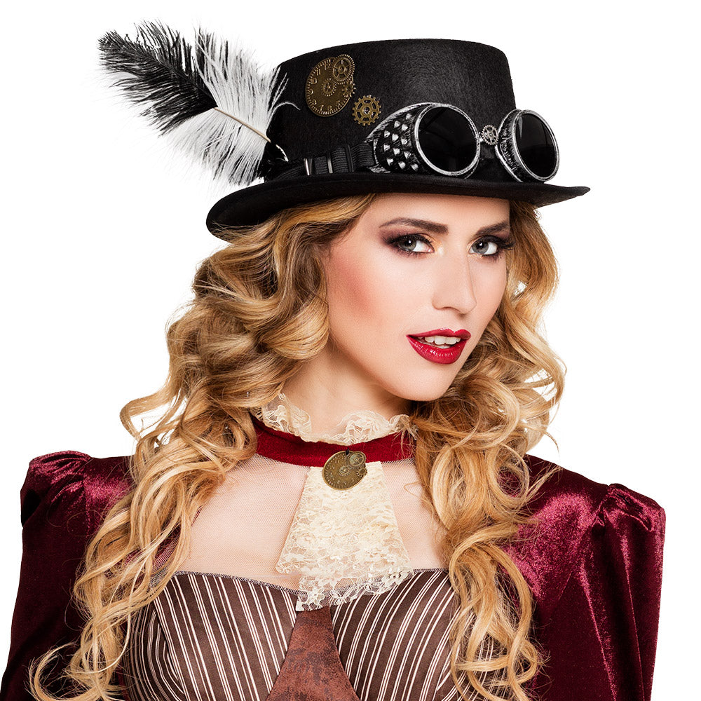 Steampunk Hut Specspunk schwarz mit Brille & Feder – Zylinder für Karneval