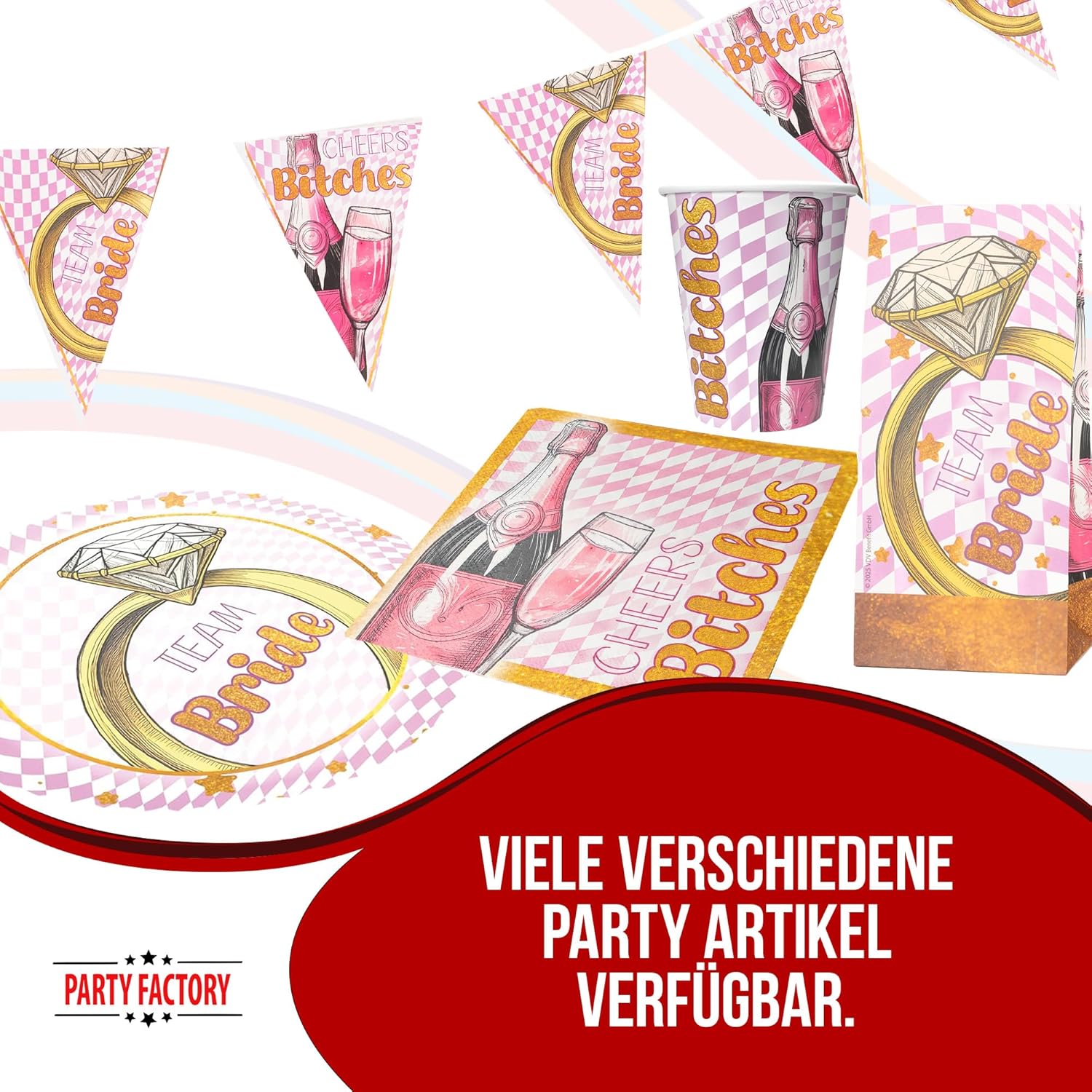 Bachelorette Bling Bling – 4-teiliges JGA Party-Set mit Tellern, Bechern, Servietten & Wimpelkette 5