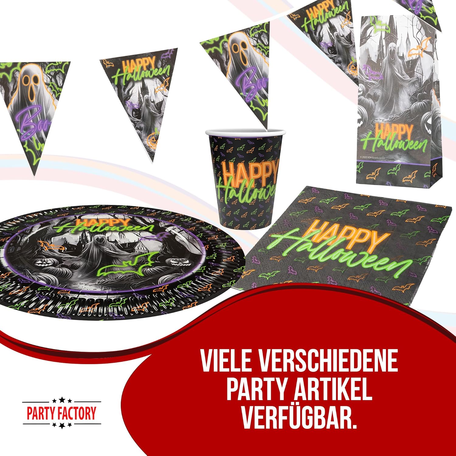 Halloween Neon Geisterparty – 4-teiliges Set mit Tellern, Bechern, Servietten und Wimpelkette 5