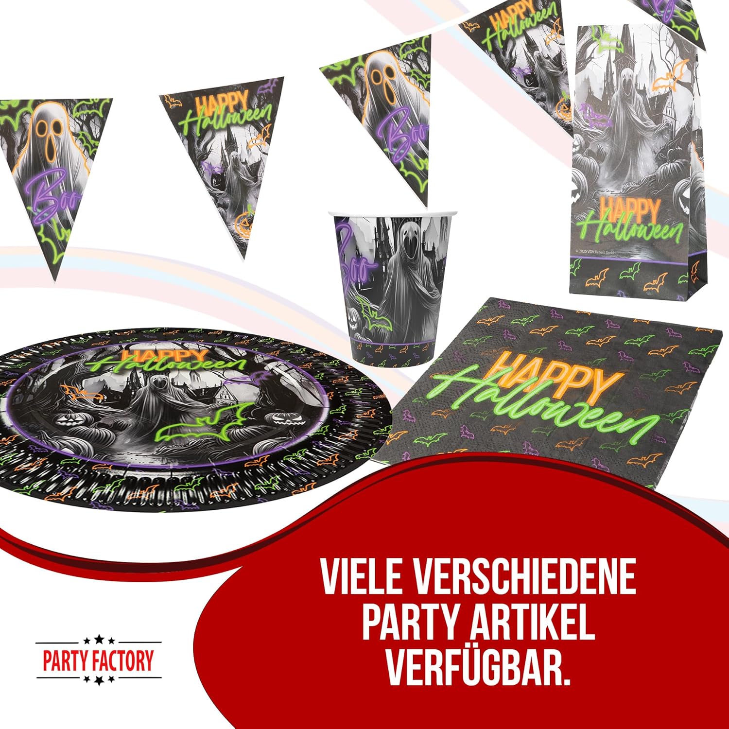 Halloween Neon Motiv 1 3-teiliges Party-Set mit 16 Papptellern, 16 Pappbechern und 40 Servietten 12