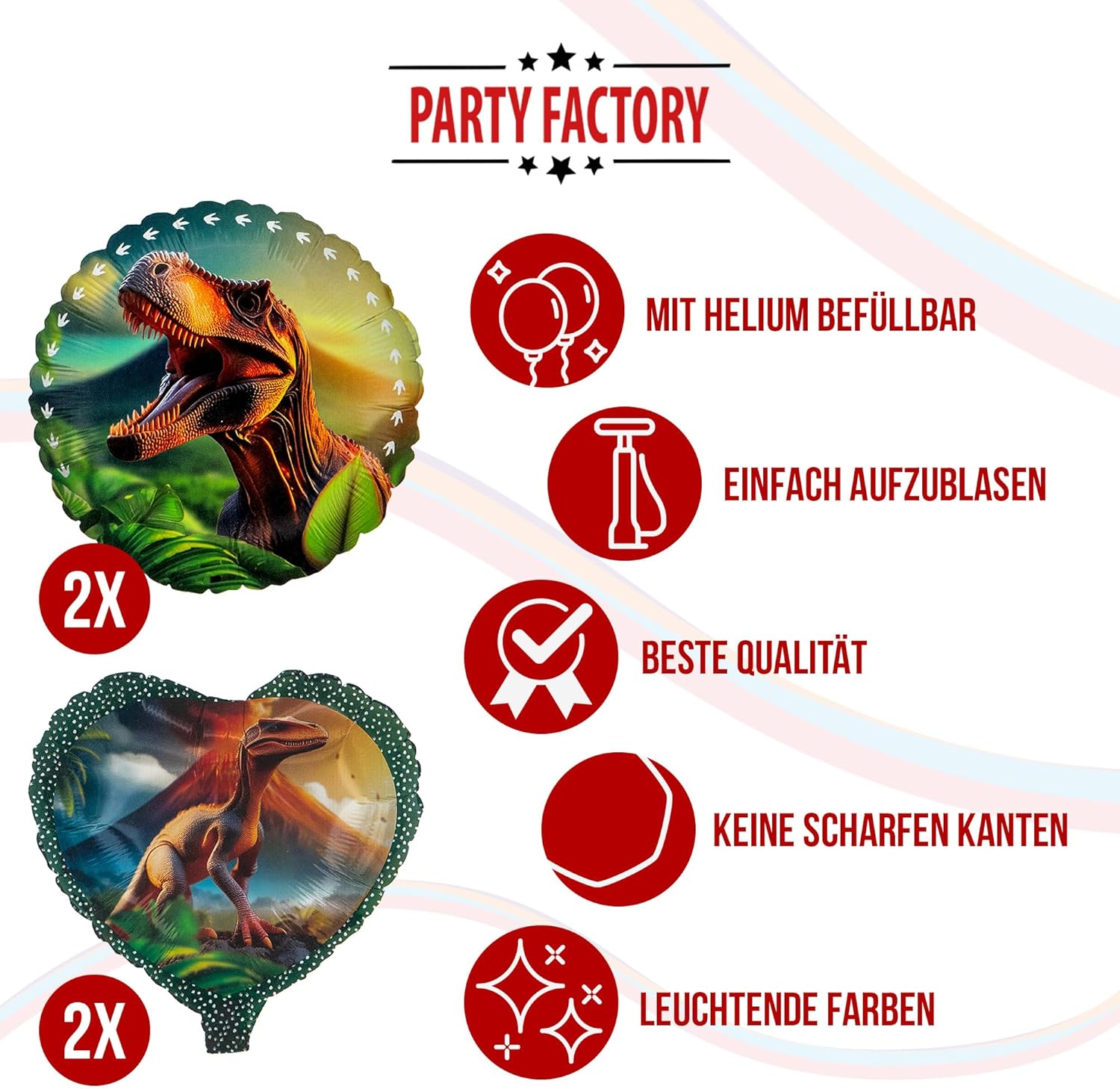 Dino Realistisch 5-teiliges Party-Set mit 8 Papptellern 8 Pappbechern 20 Servietten 1 Wimpelkette, 2 Folienballons rund und 2 Folienballons herz 5