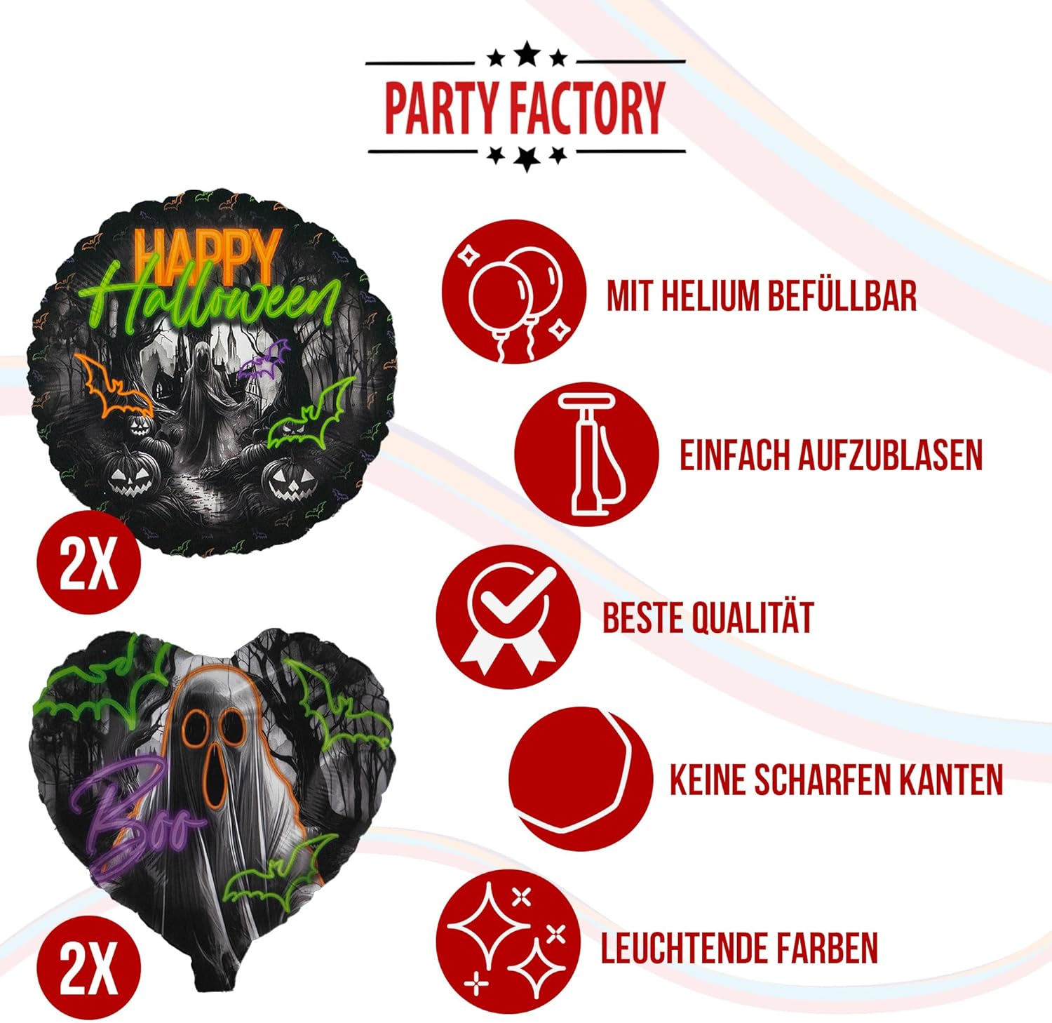 Halloween Neon Motiv 1 5-teiliges Party-Set mit 8 Papptellern 8 Pappbechern 20 Servietten 1 Wimpelkette, 2 Folienballons rund und 2 Folienballons herz 5