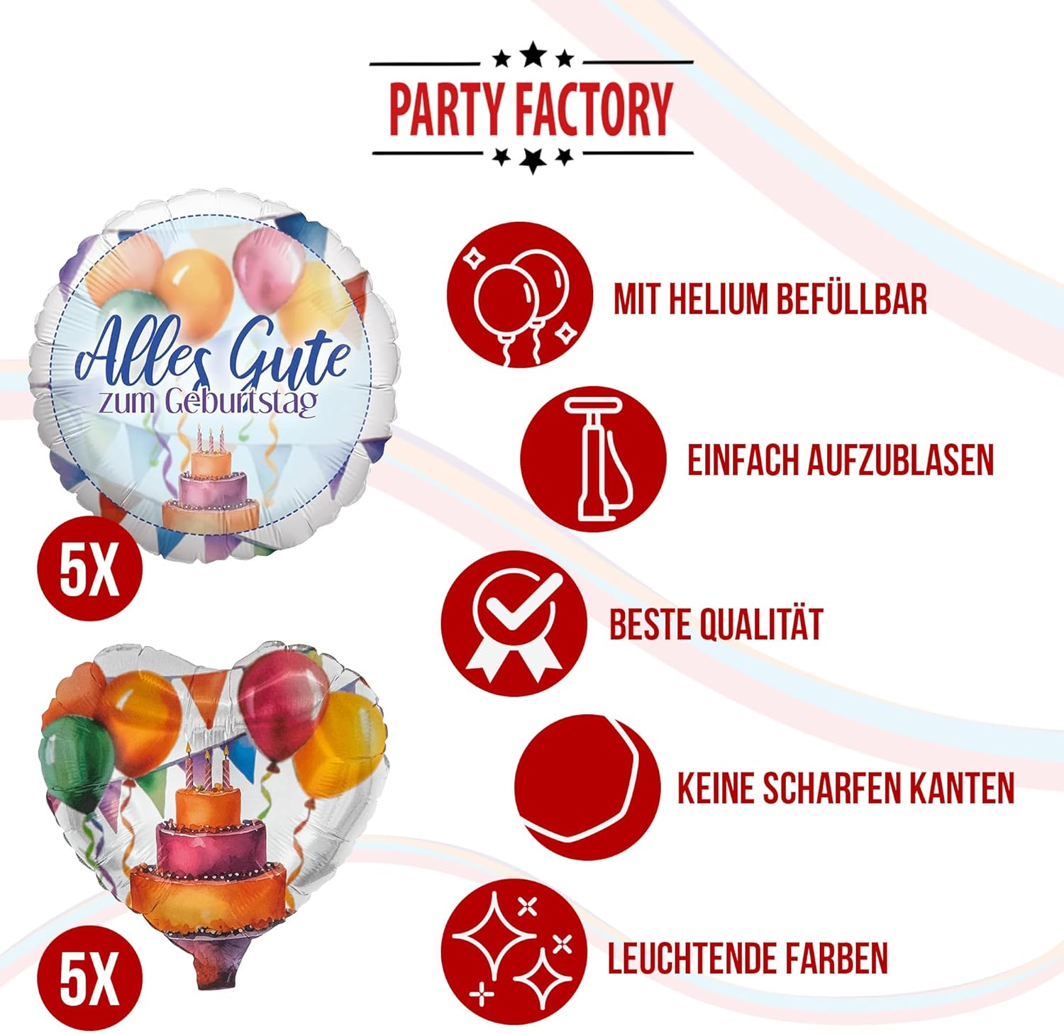 Happy Birthday Watercolor 5-teiliges Party-Set mit 8 Papptellern, 8 Pappbechern, 20 Servietten, 1 Wimpelkette, 5 Folienballons rund und 5 Folienballon Herz 5