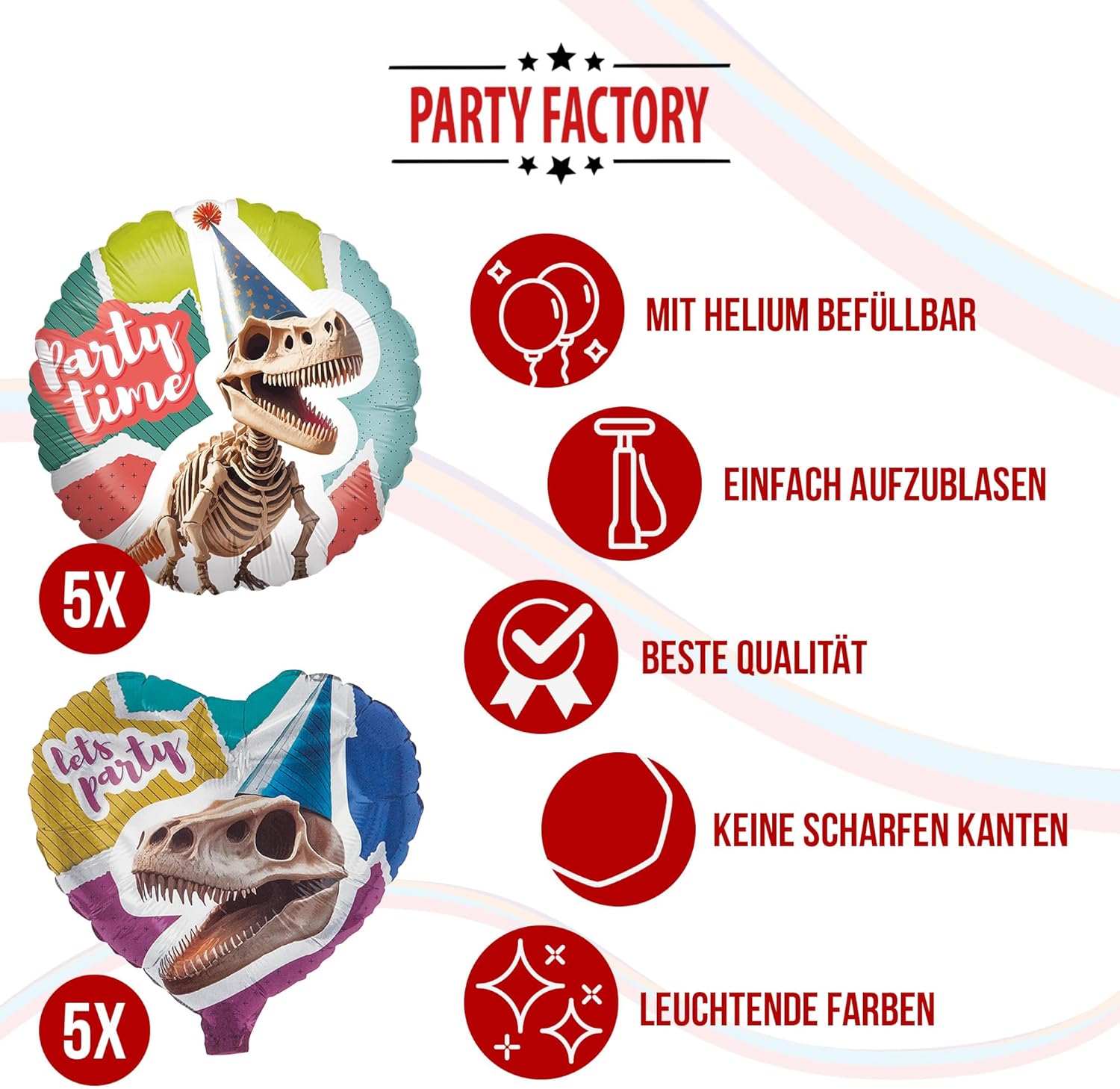 Dino Skelett 5-teiliges Party-Set mit 8 Papptellern 8 Pappbechern 20 Servietten 1 Wimpelkette, 5 Folienballons rund 5 Folienballons herz 5