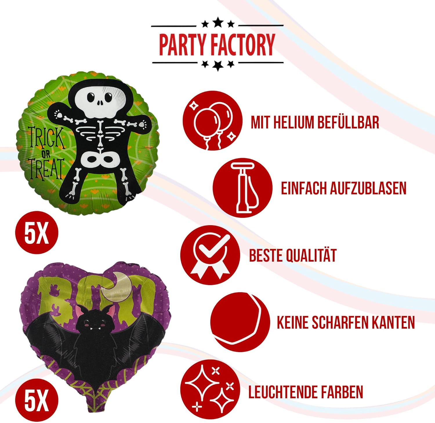 Halloween Skelett Motiv 2 5-teiliges Party-Set mit 8 Papptellern 8 Pappbechern 20 Servietten 1 Wimpelkette, 5 Folienballons rund und 5 Folienballons herz 5