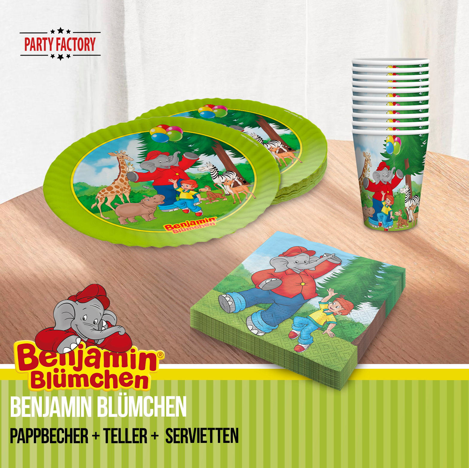 Benjamin Blümchen Partyset 82-tlg Doppelpack Geschirr, Wimpel & Tischdecke 5