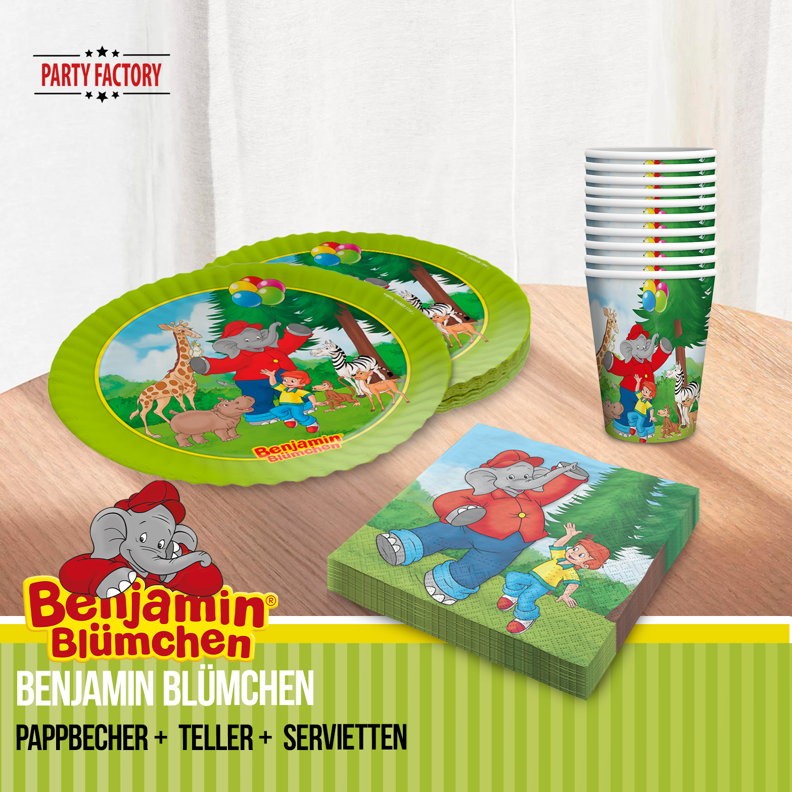 Benjamin Blümchen Partyset 52-tlg Geschirr, Servietten, Wimpel, Tischdecke & Partyhüte 5