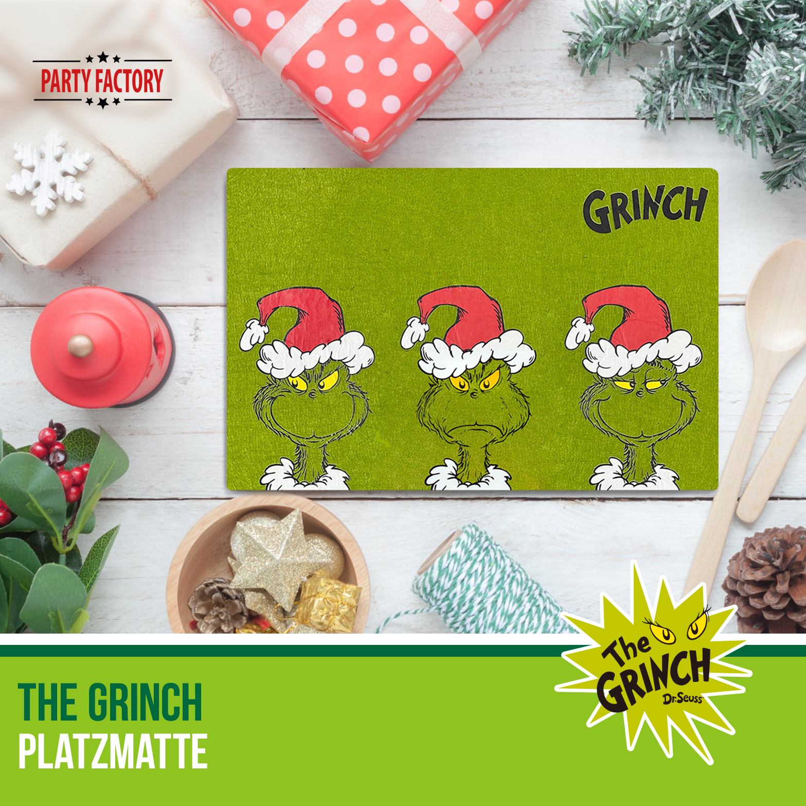 The Grinch Platzmatte Filz & Untersetzer mit 4 grünen Kekstellern Set 5