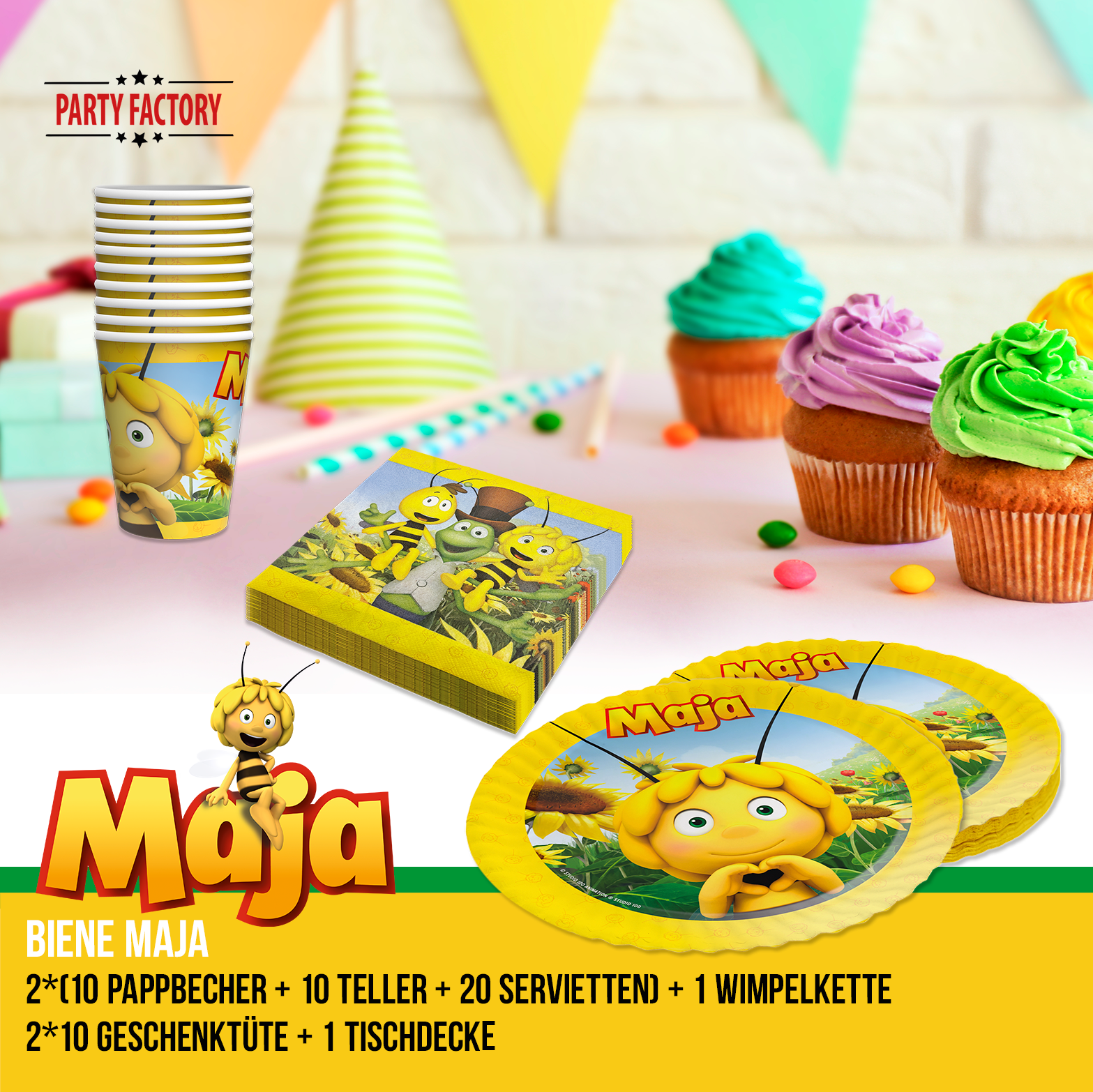 Biene Maja 94-tlg. Party Set – Deko mit Geschenktüten Wimpel Tischdecke 2