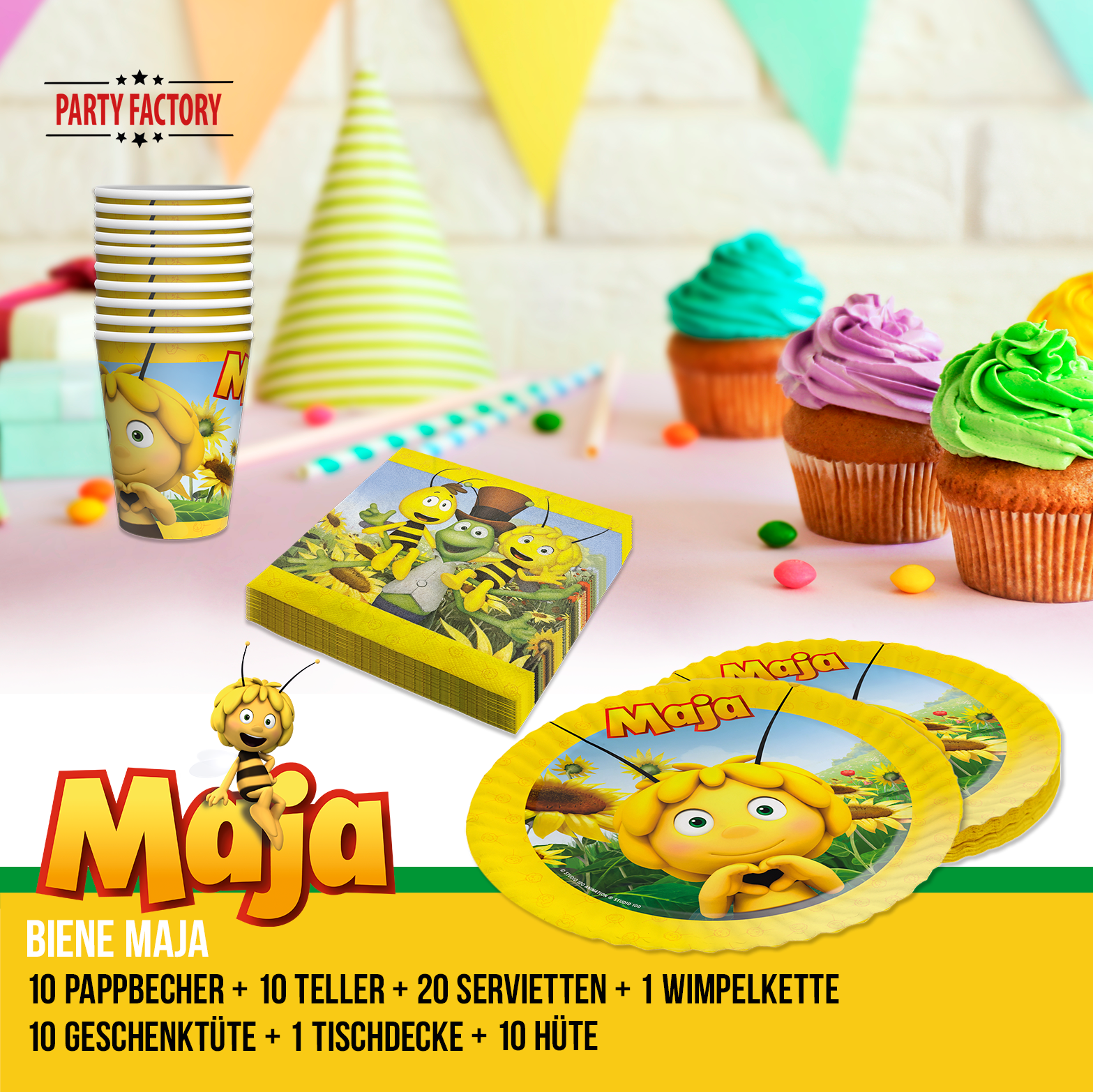 Biene Maja 58-tlg. Party Set – Deko mit Hüten Wimpel Tischdecke Geschenktüten 2